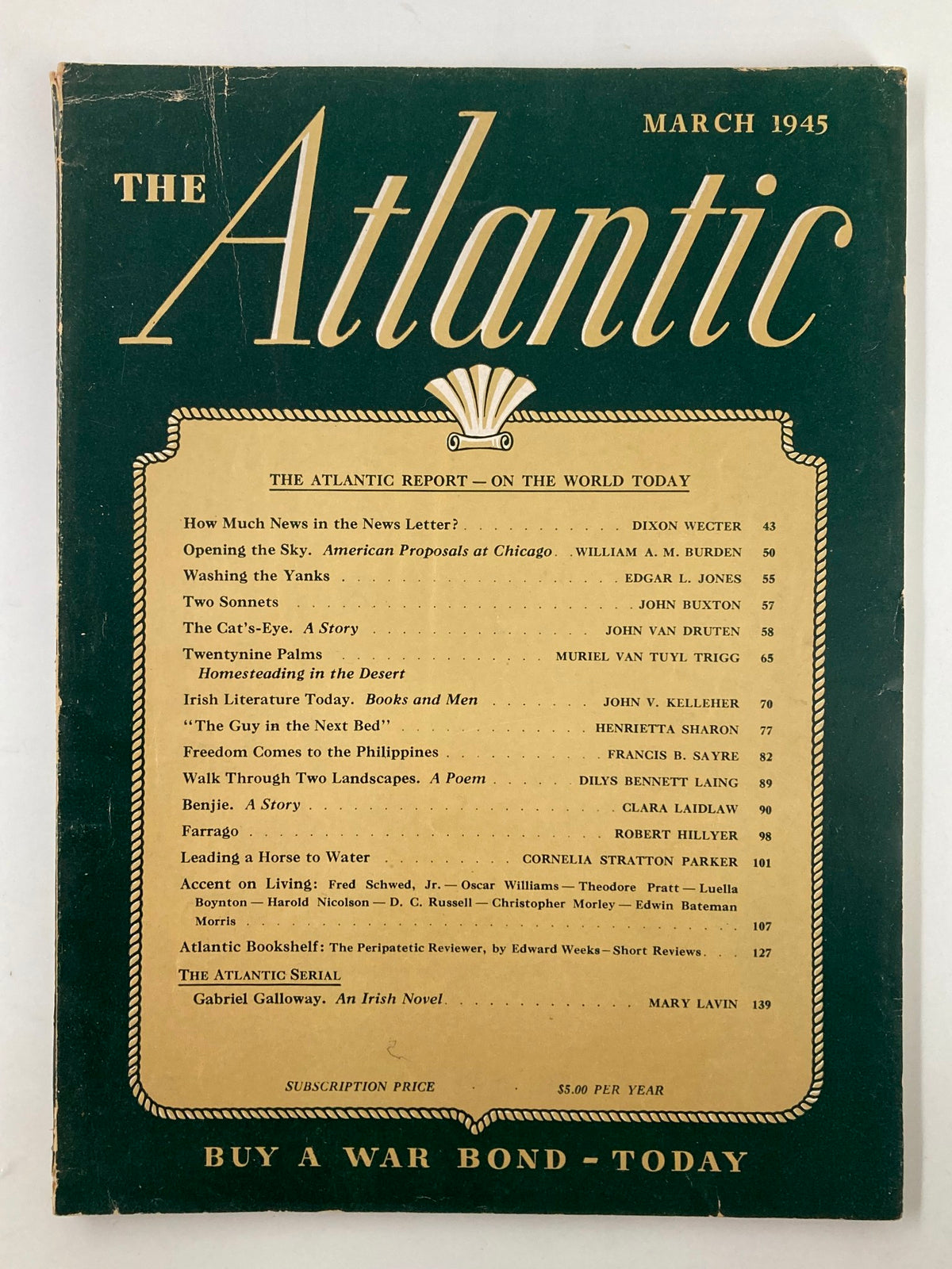 Cover of VTG The Atlantic Magazine March 1945 featuring the title and table of contents including 'Leading A Horse To Water'.