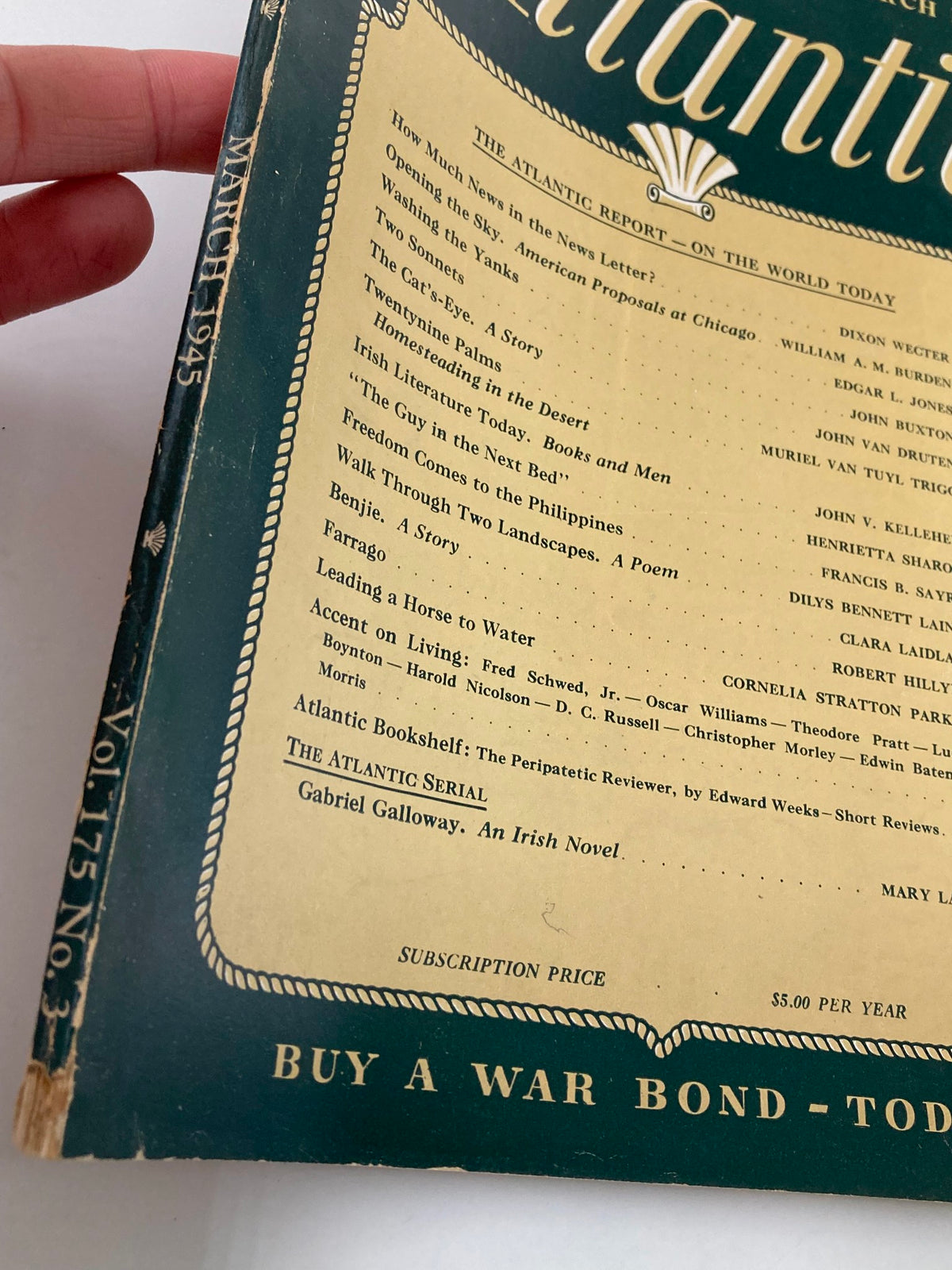 Side details of VTG The Atlantic Magazine March 1945 showing wear and the title 'Leading A Horse To Water'.