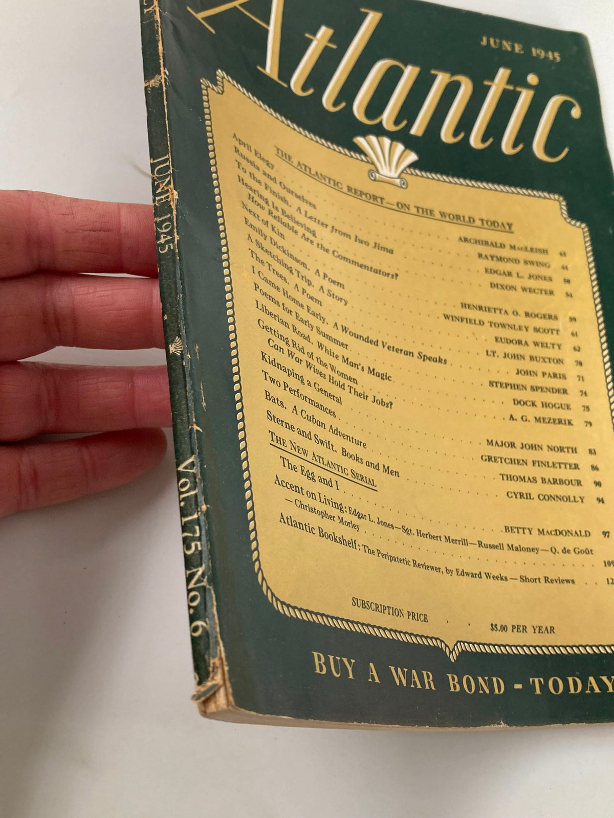 Side view of VTG The Atlantic Magazine from June 1945 showing the publication date, volume number, and details about articles including 'Getting Rid of Women'.