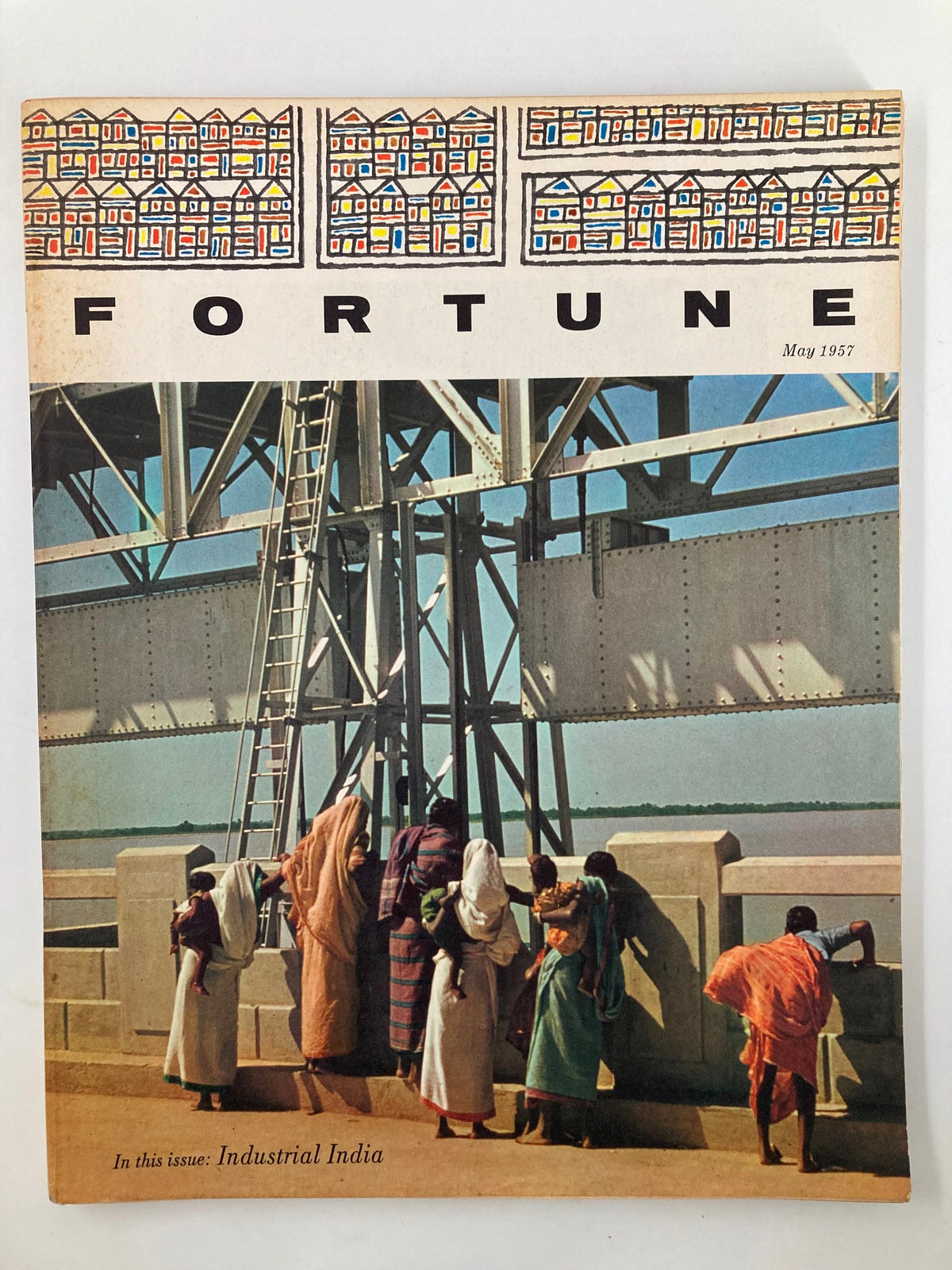 VTG Fortune Magazine May 1957 cover featuring Indian sightseers at Durgapur Dam, showcasing vibrant colors and historical significance.