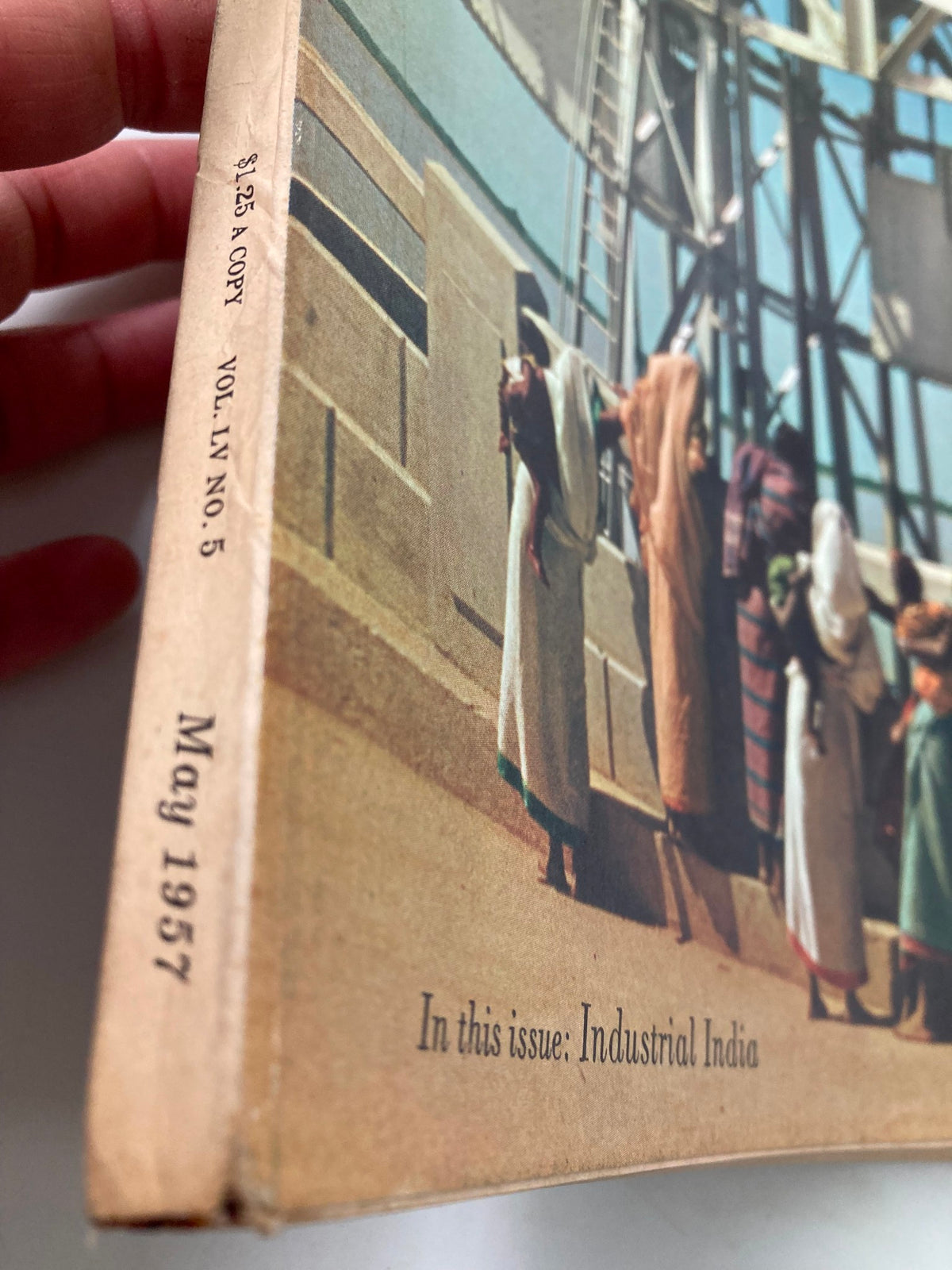 Side view of the May 1957 Fortune Magazine, highlighting its title and issue details, featuring Indian sightseers at Durgapur Dam.