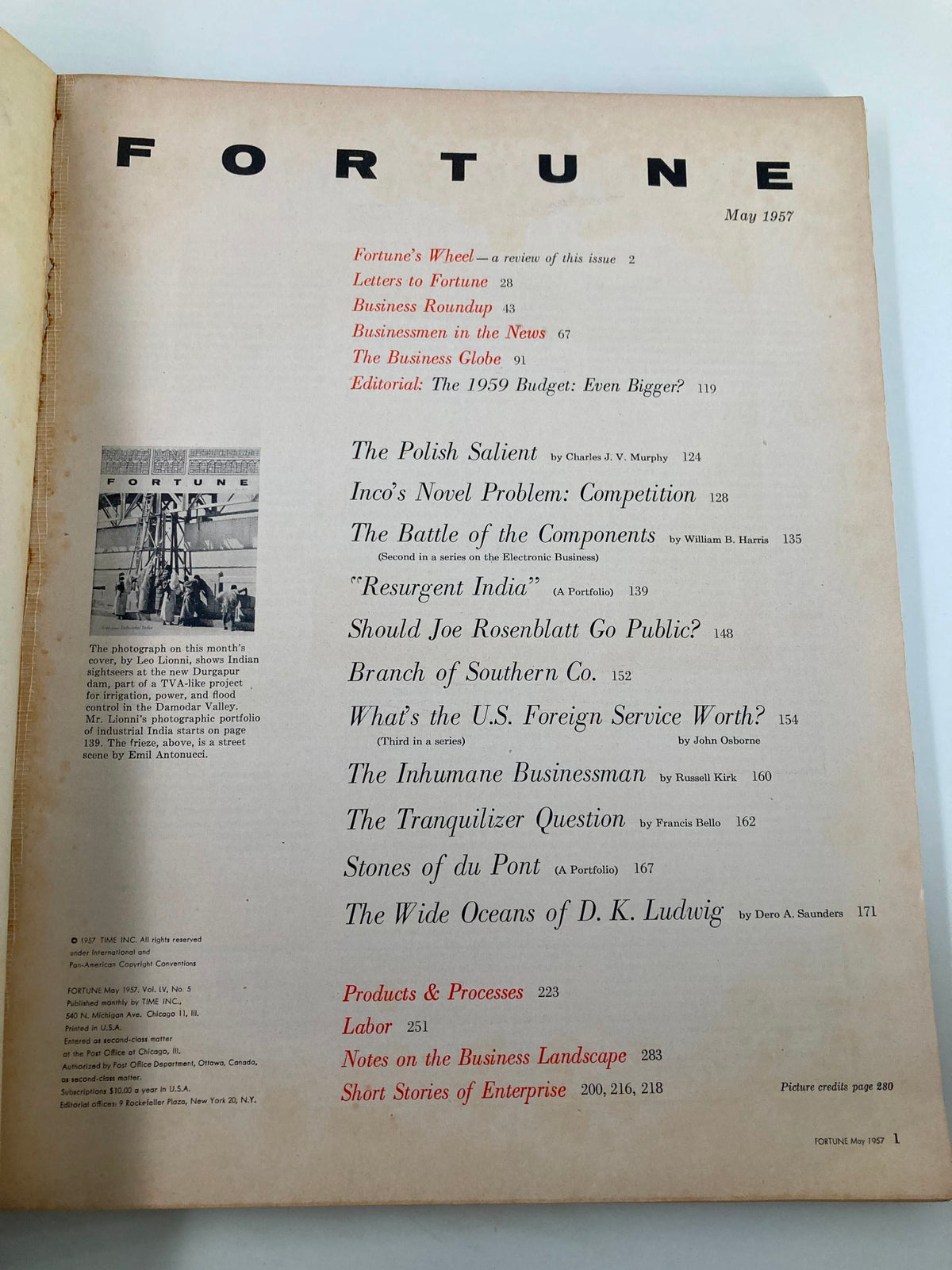 Inside page of VTG Fortune Magazine May 1957 showcasing the table of contents, highlighting articles including 'Resurgent India' and featuring insights into business and culture.