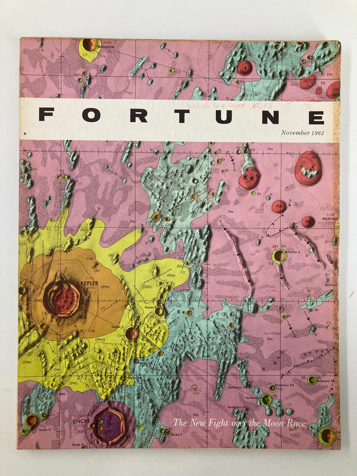 Cover of VTG Fortune Magazine November 1963 featuring the title "The New Fight Over the Moon Race" with a colorful lunar map design.