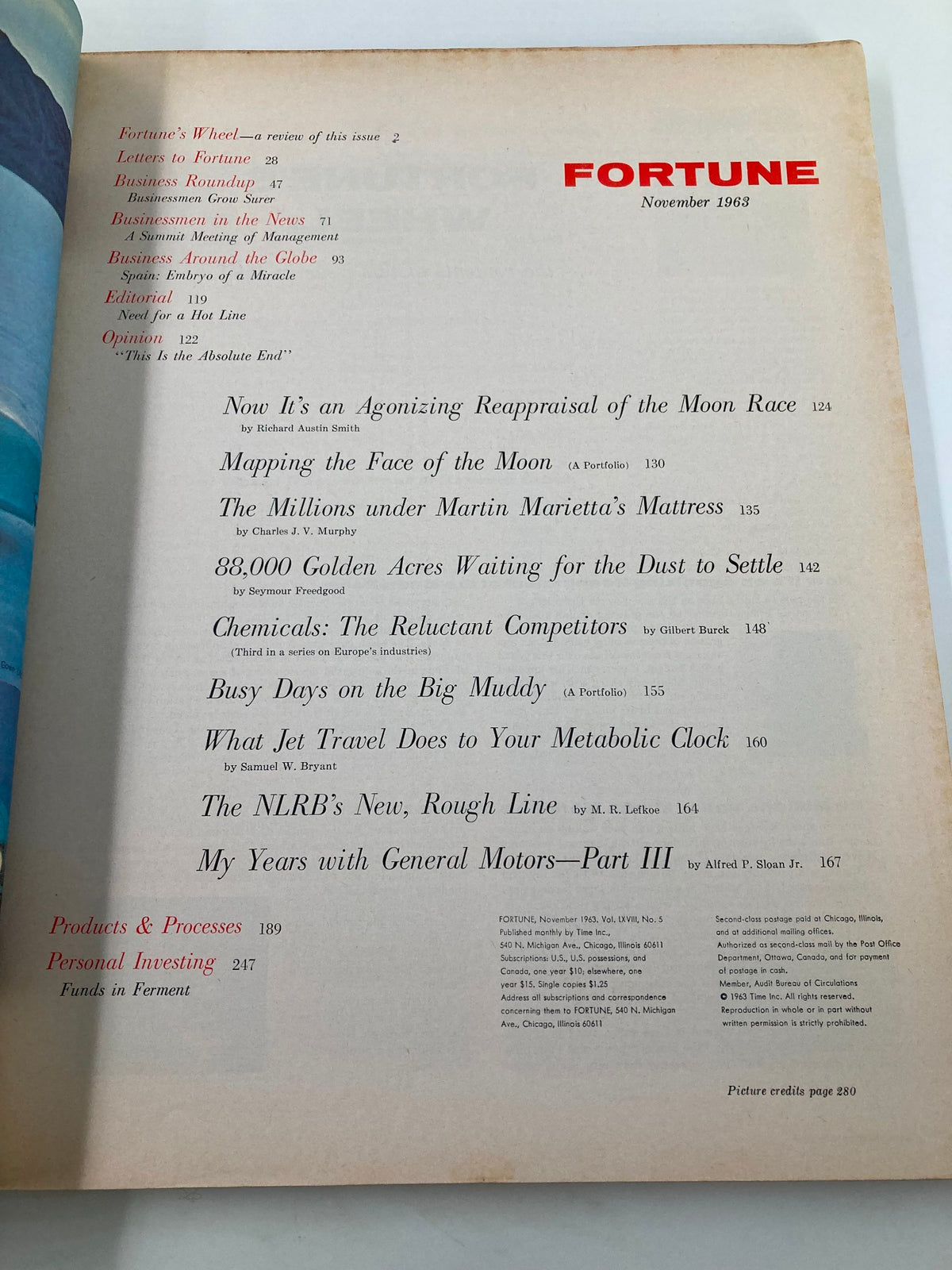 Inside cover of VTG Fortune Magazine November 1963 displaying the table of contents, detailing articles related to the space race and other topics.