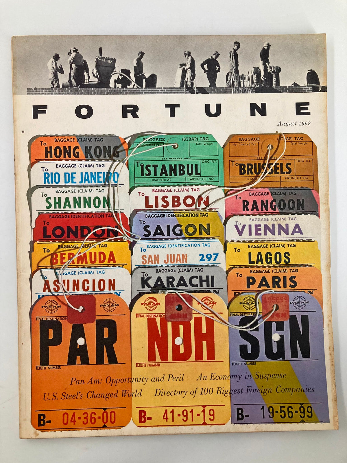 Cover of VTG Fortune Magazine August 1962 featuring the article 'Pan Am: Opportunity and Peril' with vintage luggage tags from various destinations.