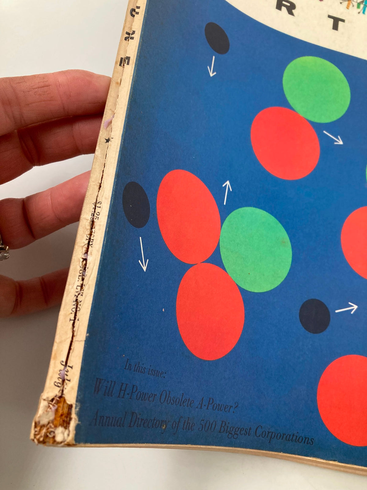 Side view of VTG Fortune Magazine July 1957, highlighting the worn binding and mentioning the featured article on H-Power.