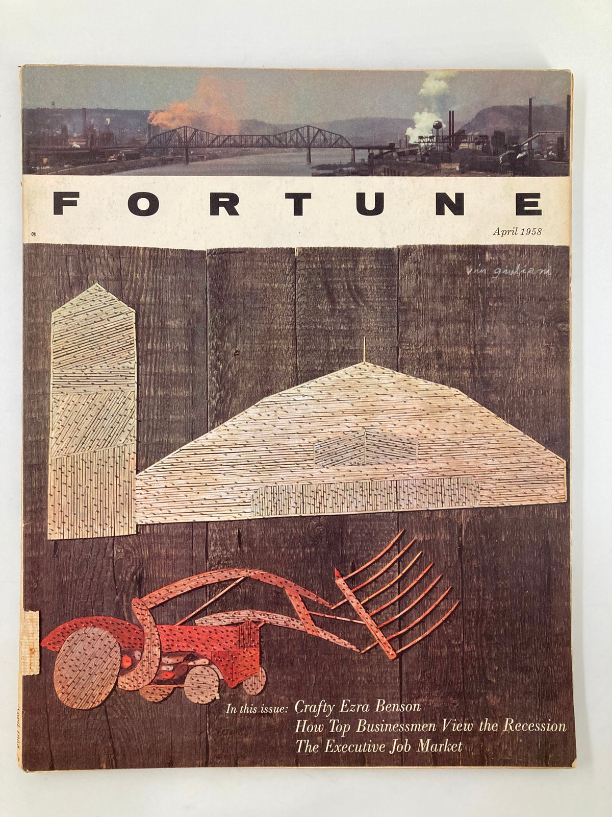 Cover of VTG Fortune Magazine from April 1958 featuring a vintage design and the title 'Fortune'. Includes titles of featured articles: Crafty Ezra Benson, How Top Businessmen View the Recession, The Executive Job Market.