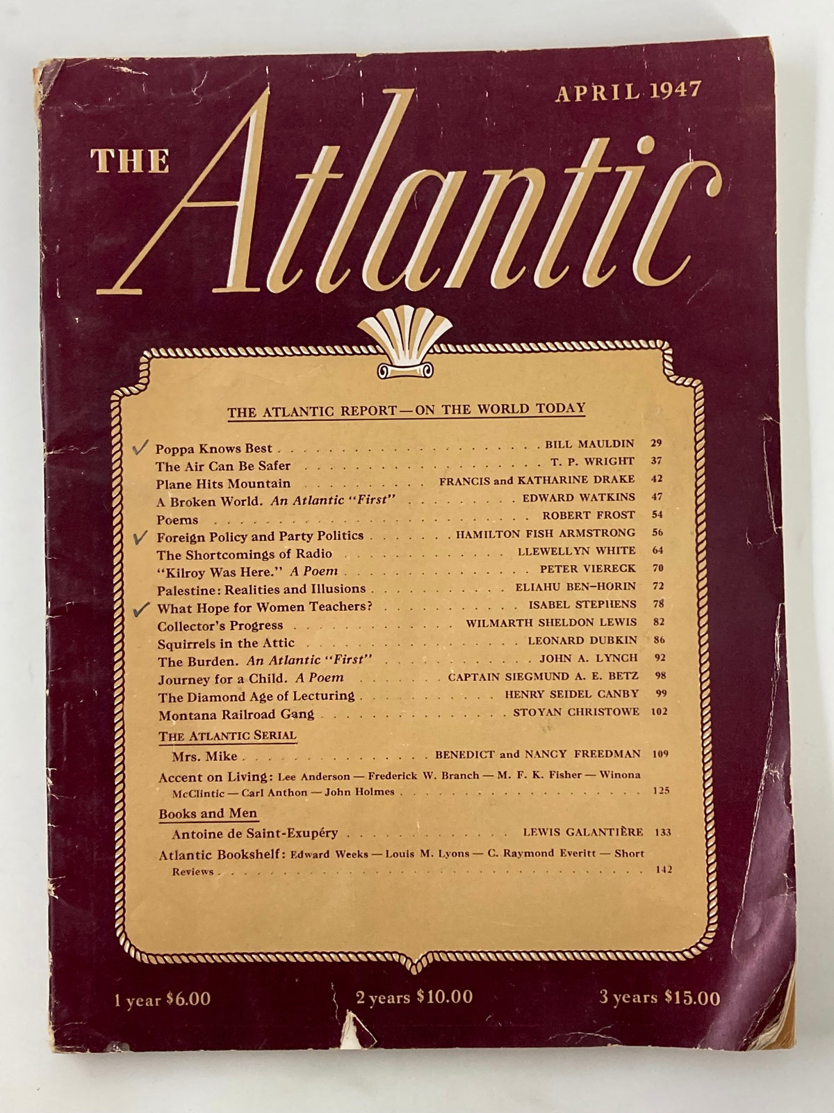 Cover of VTG The Atlantic Magazine April 1947 featuring the title and a list of articles inside the issue.