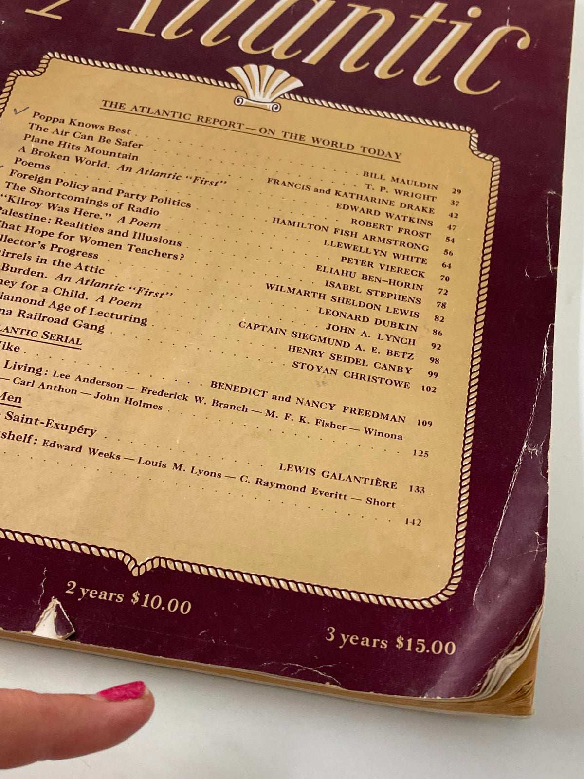 Close-up view of the table of contents from VTG The Atlantic Magazine April 1947, highlighting key articles and authors.