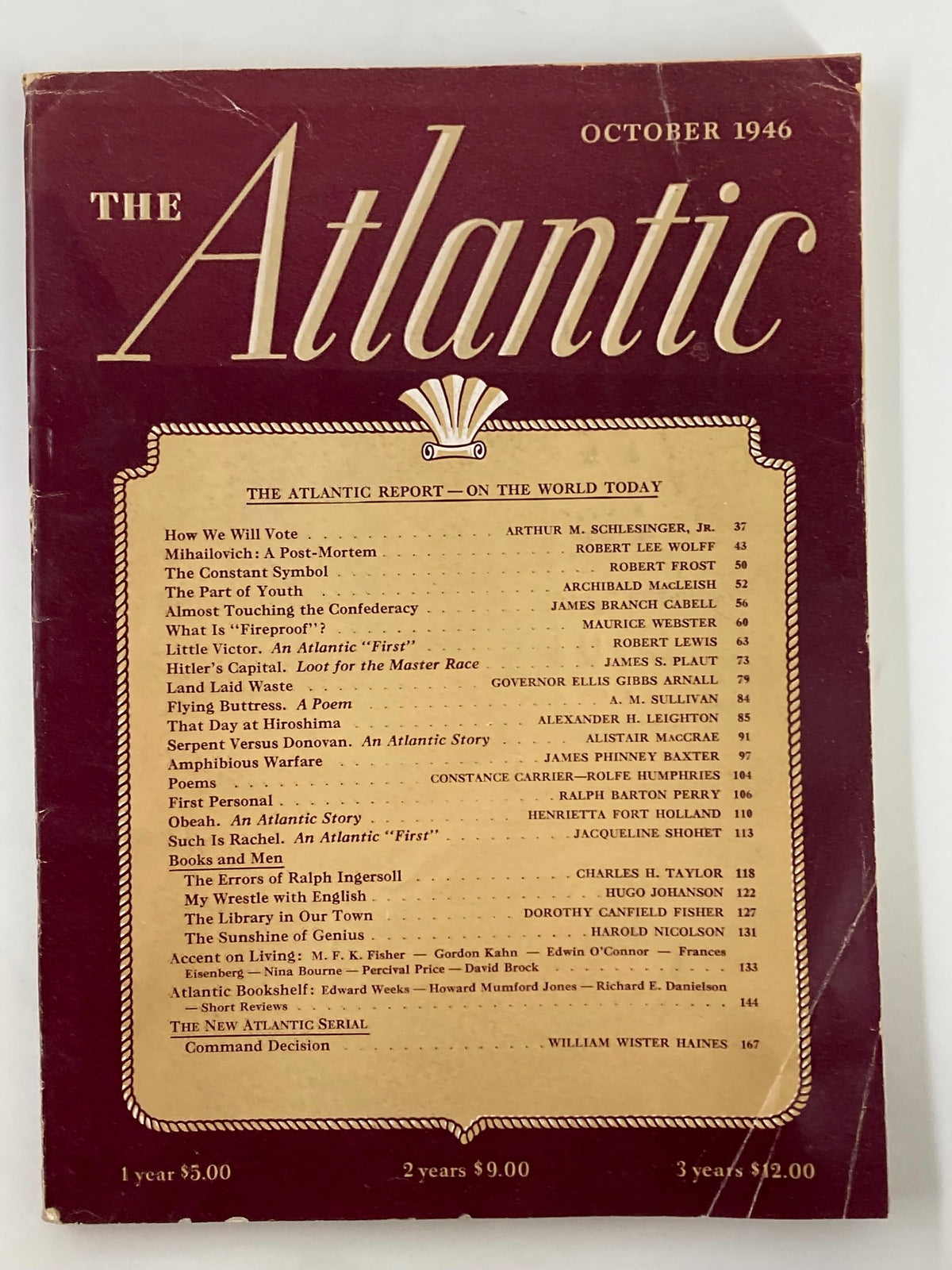 Cover of VTG The Atlantic Magazine October 1946 featuring the title and contents list including the article 'That Day at Hiroshima'.