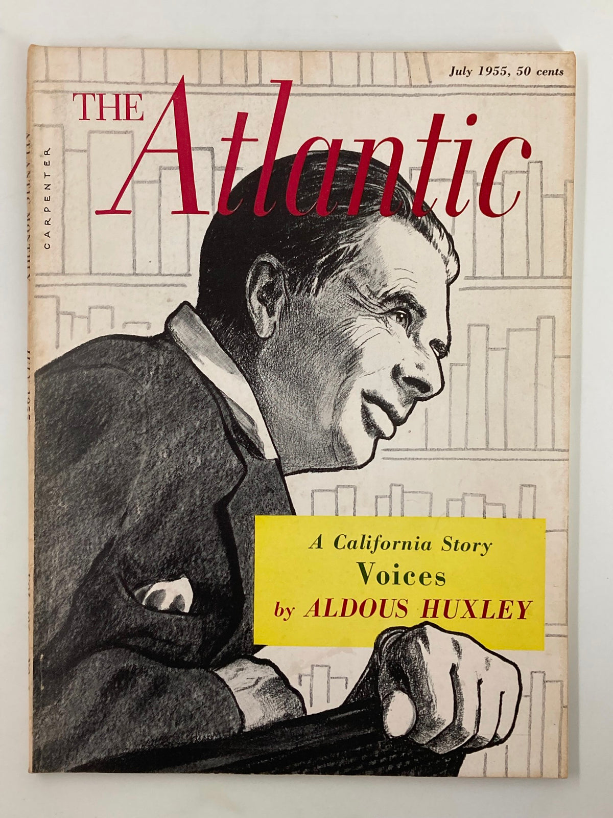 Vintage Atlantic Magazine cover from July 1955, featuring the title 'A California Story' and the article 'Voices' by Aldous Huxley, showcasing a artistic illustration of a man in profile.