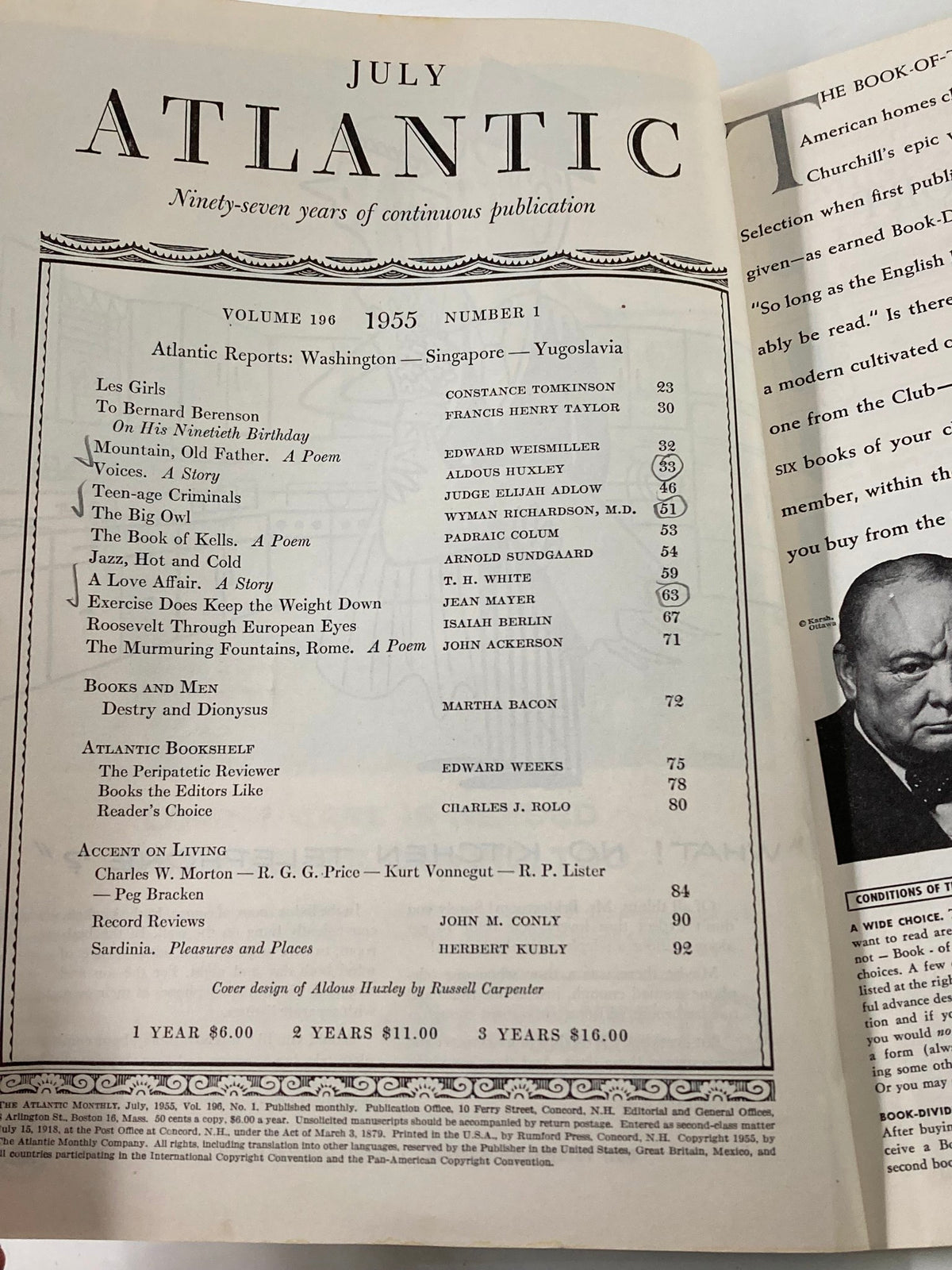 Inside view of Vintage Atlantic Magazine July 1955 featuring table of contents and editorial details for A California Story.
