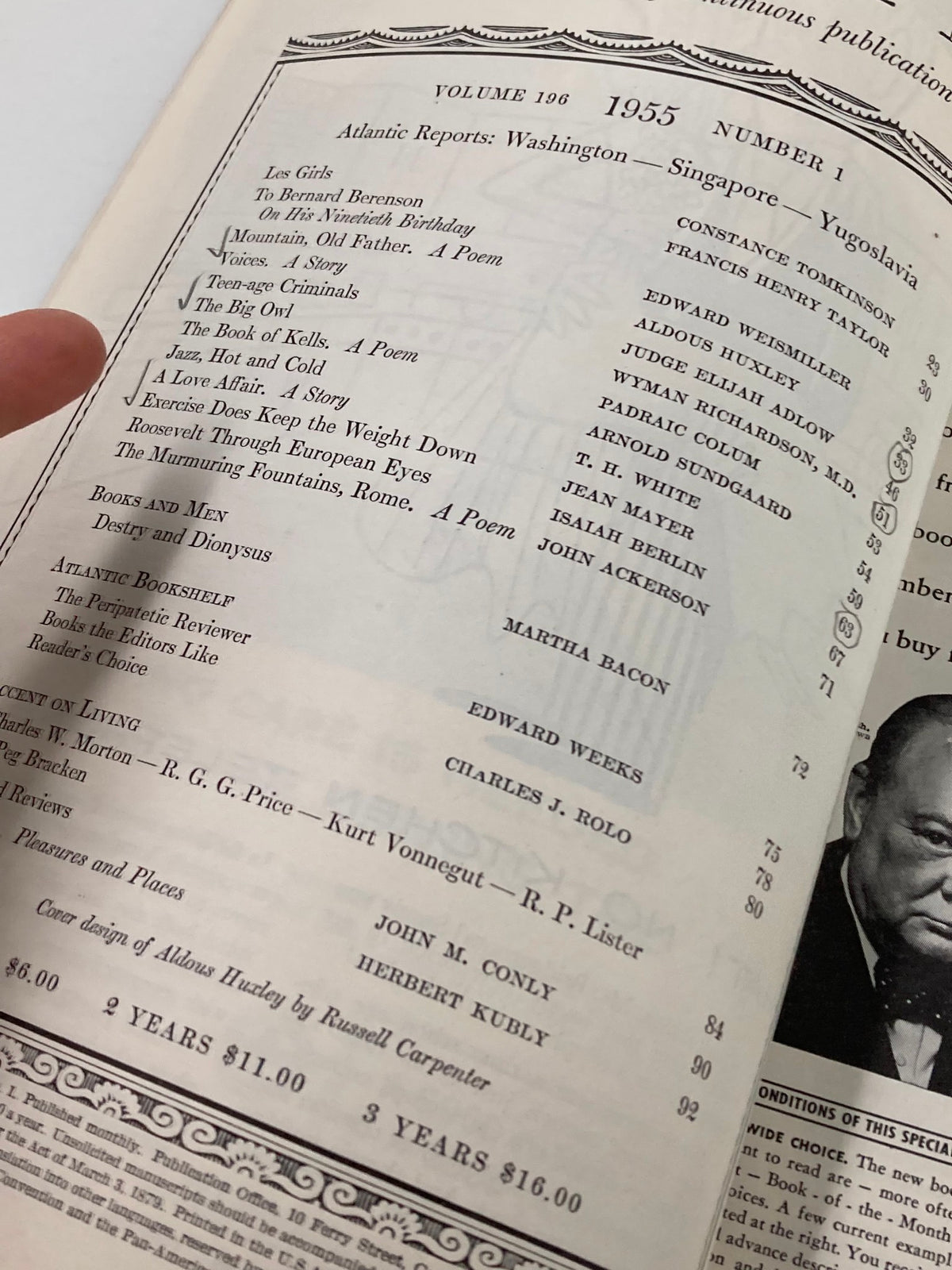 Close-up of table of contents from Vintage Atlantic Magazine July 1955 highlighting featured articles including A California Story.