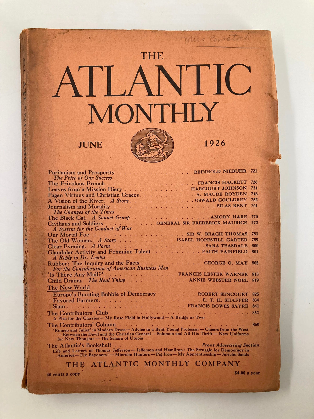 Vintage The Atlantic Magazine June 1926 cover featuring the title and issue details with a historical design.