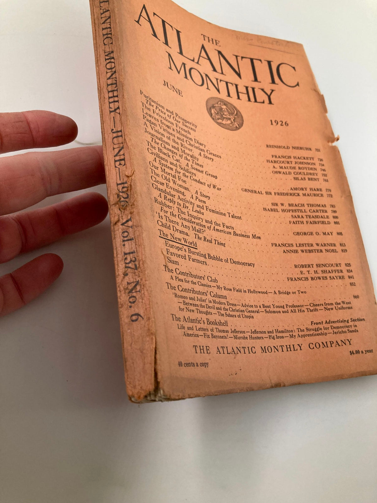 Side view of Vintage The Atlantic Magazine June 1926 displaying the spine and part of the cover with contents list.