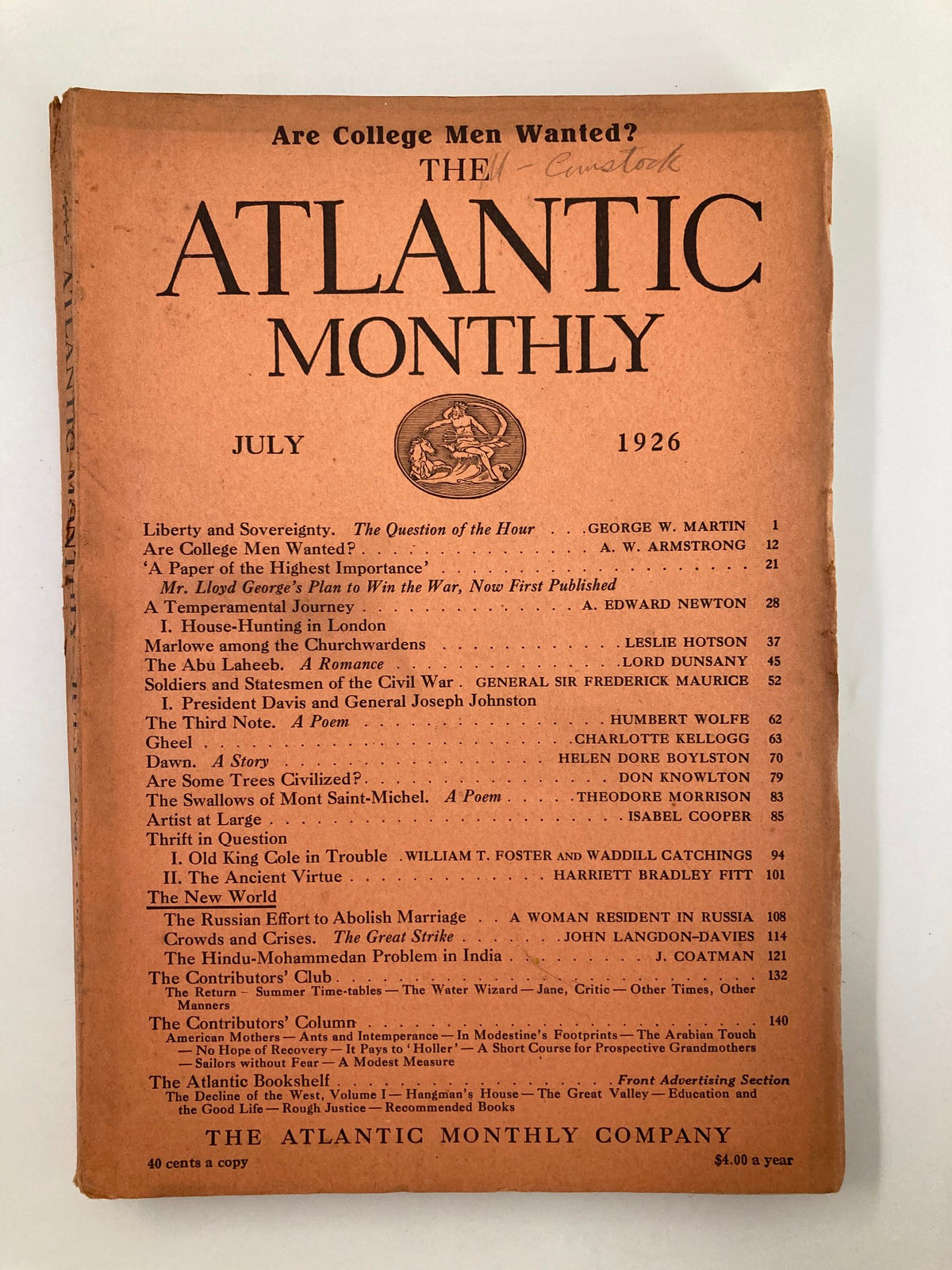 Vintage July 1926 issue of The Atlantic Magazine featuring articles on various topics including 'House-Hunting in London' in good condition.