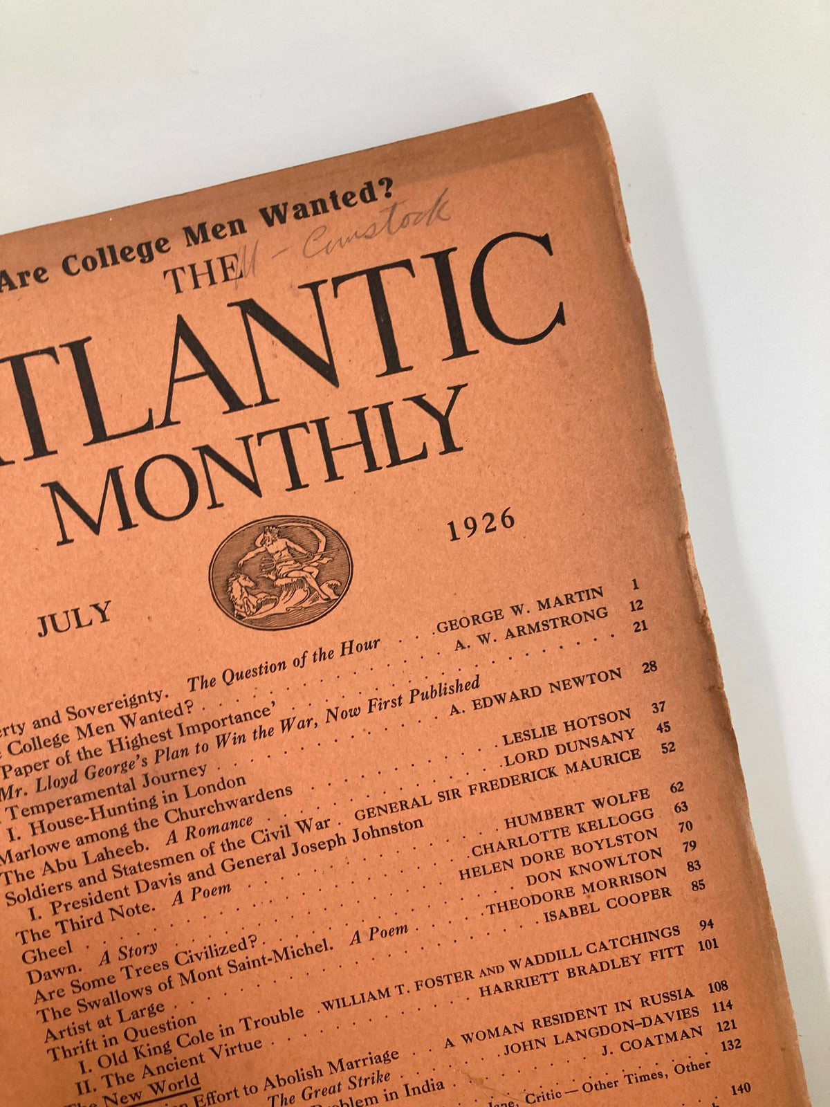Close-up of the July 1926 cover of The Atlantic Monthly showcasing the title and contributors' names, ideal for vintage magazine collectors.