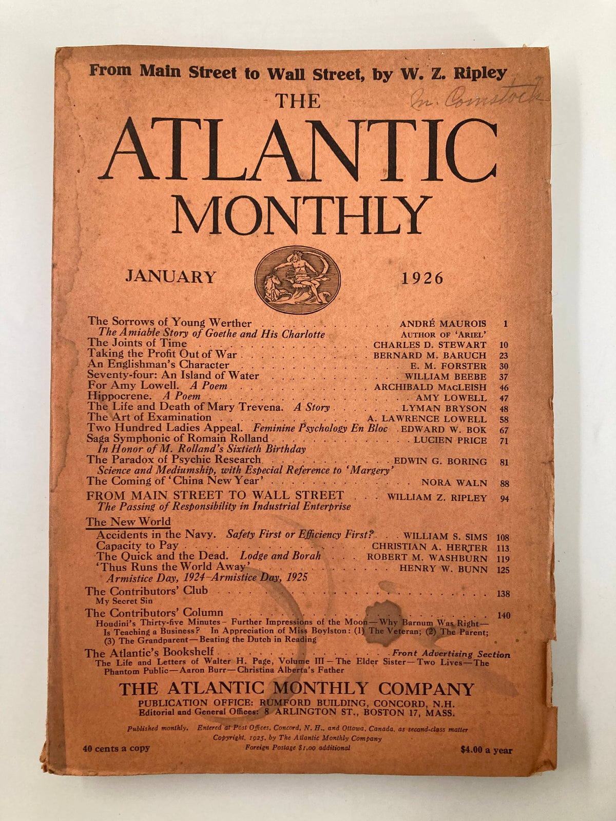 Cover of VTG The Atlantic Magazine January 1926, featuring the title and contents including The Sorrows of Young Werther.