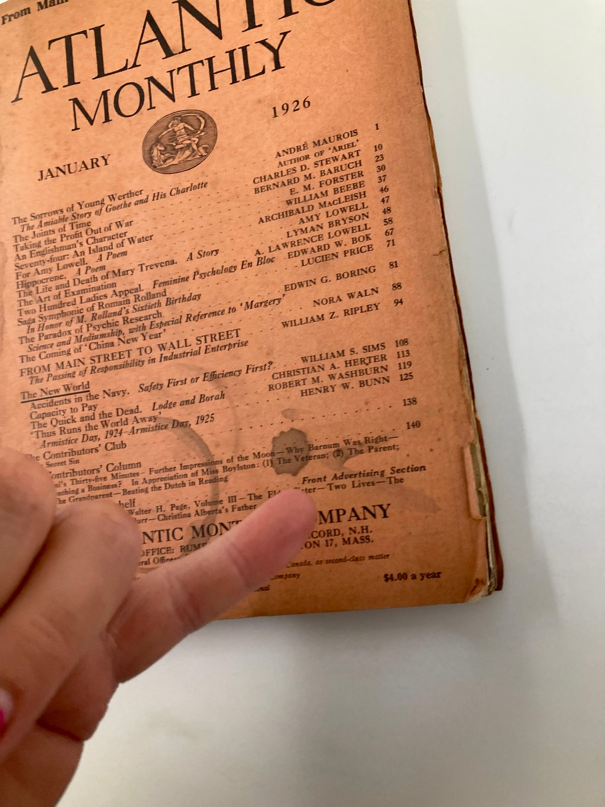 Cover of VTG The Atlantic Magazine January 1926 featuring the table of contents and details of articles including 'The Sorrows of Young Werther'.