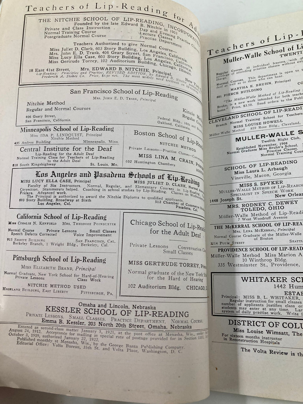 Page from Vintage Volta Review Magazine June 1922 featuring Teachers of Lip-Reading with a list of schools and instructors.