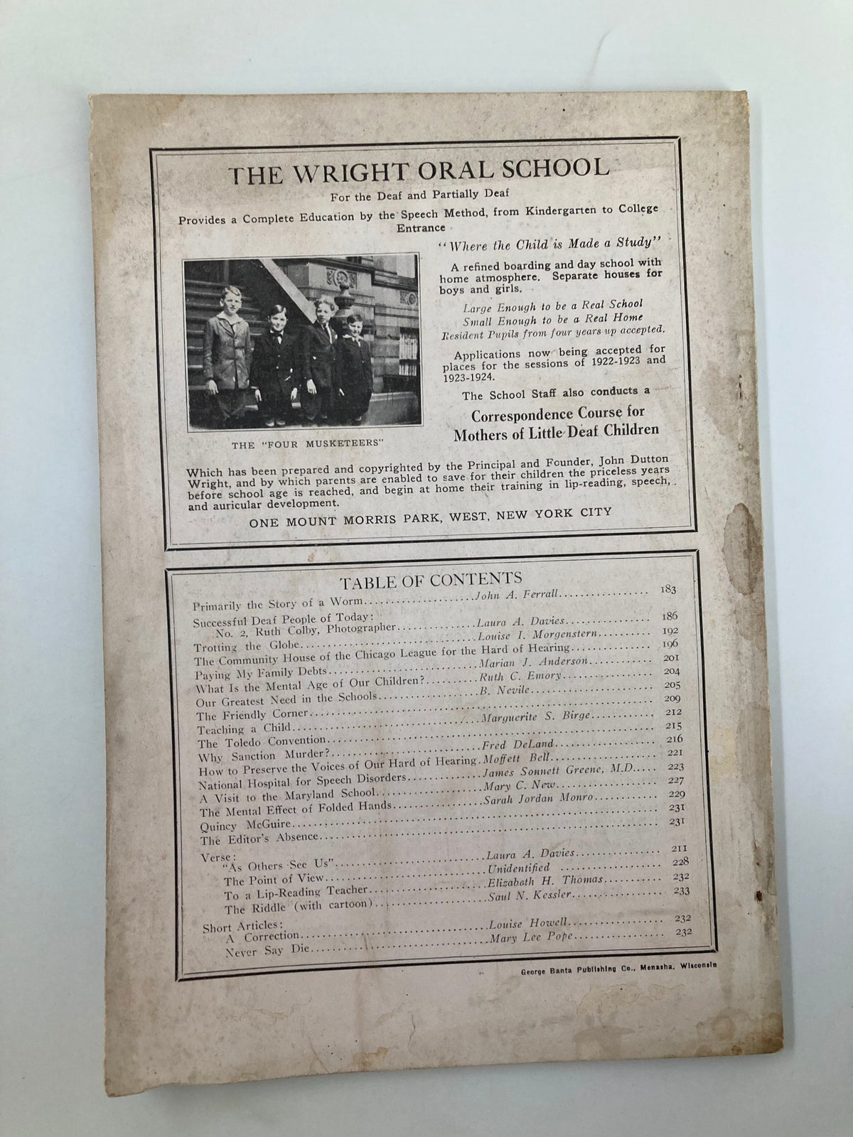 Back cover of Vintage Volta Review Magazine June 1922, highlighting the Wright Oral School and its educational services for the deaf and hard of hearing.