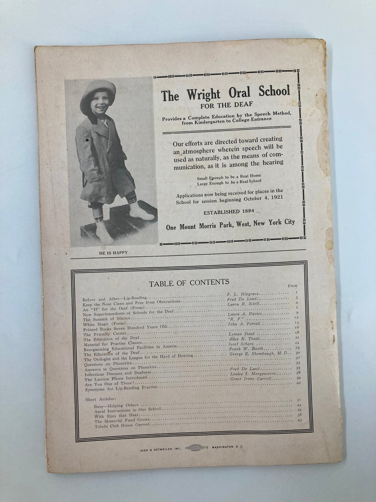 Front cover of VTG Volta Review Magazine January 1921 highlighting The Wright Oral School and its mission for the deaf.