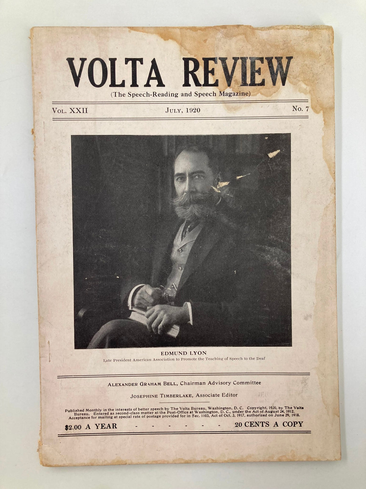 Cover of the VTG Volta Review Magazine from July 1920 featuring Edmun Lyon, Late President of the American Association to Promote the Teaching of Speech to the Deaf. The magazine offers insights into speech education for the deaf community.