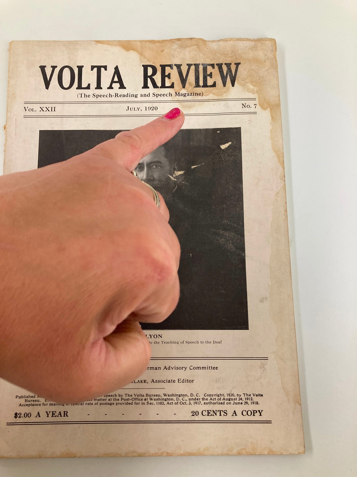 Cover of VTG Volta Review Magazine July 1920, featuring article by Edmun Lyon on teaching speech to the deaf.