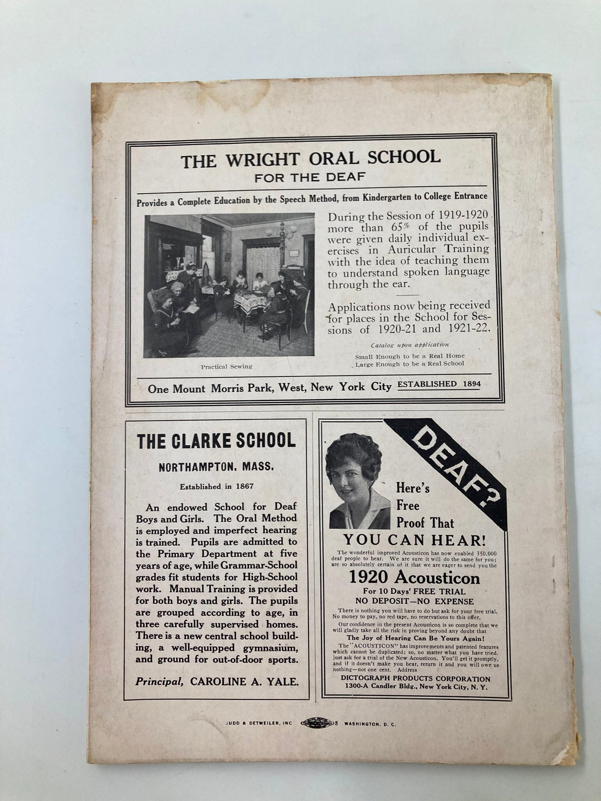 Back cover of VTG Volta Review Magazine July 1920, showcasing advertisements for schools specializing in speech education for the deaf.