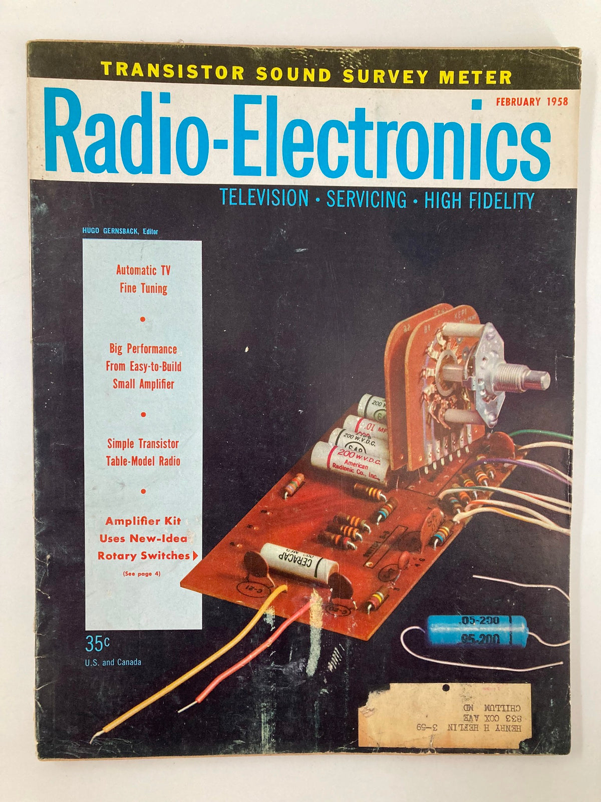 Cover of the VTG Radio-Electronics Magazine February 1958 featuring electronic components, including printed-circuit rotary switch plugs, showcasing the innovation of the 1950s.