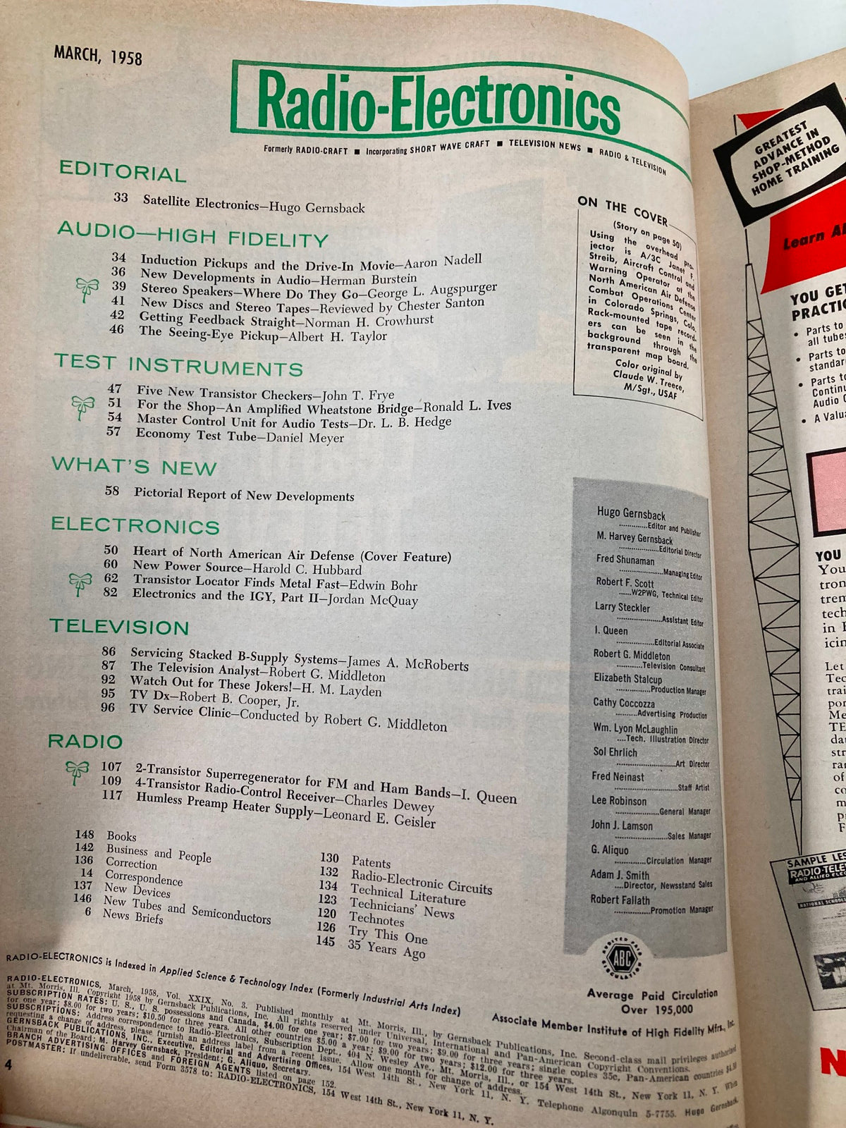 Inside page of VTG Radio-Electronics Magazine March 1958 showing the table of contents, highlighting articles related to audio, test instruments, and electronics advancements.
