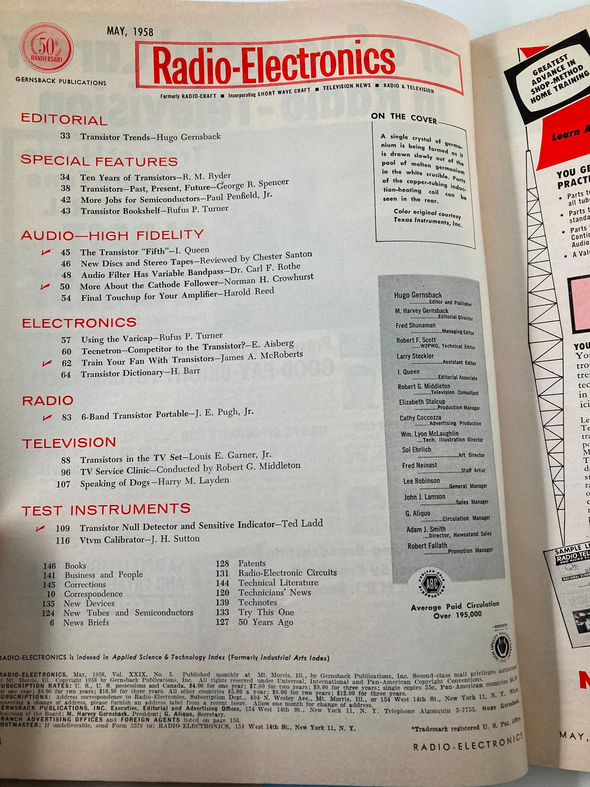 Interior page from VTG Radio-Electronics Magazine May 1958 showcasing article titles and topics related to electronics and technology, including Germanium crystal applications in radio.