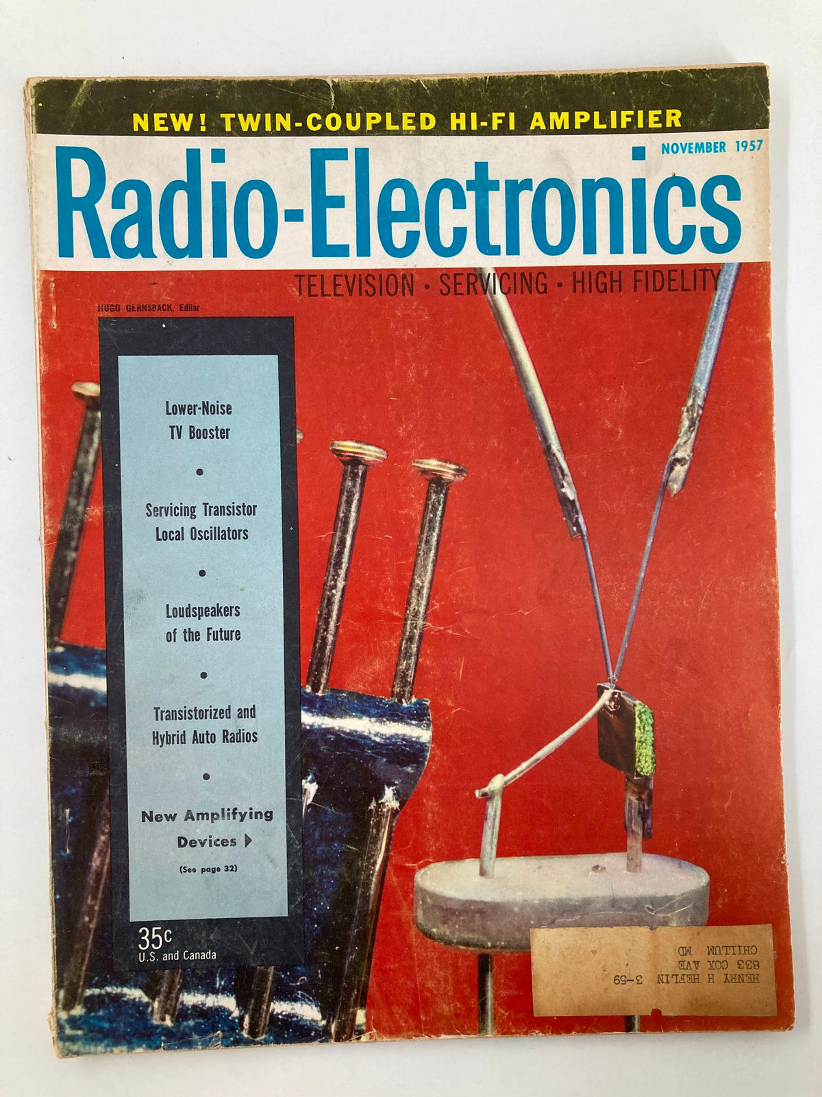 Cover of VTG Radio-Electronics Magazine November 1957 featuring Spacistor, a new type of semiconductor, with colorful design and prominent headlines.