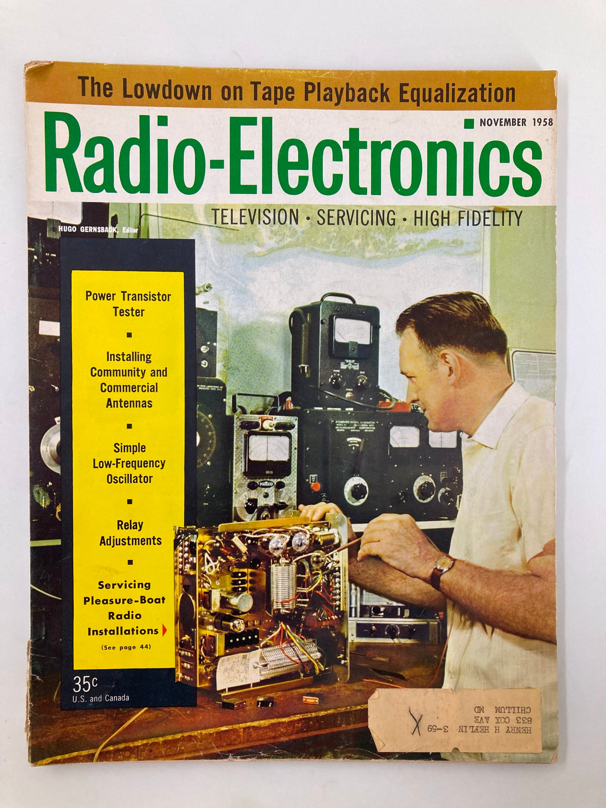 VTG Radio-Electronics Magazine November 1958 cover featuring highlights on radio technology, with a technician working on a radio transmitter.