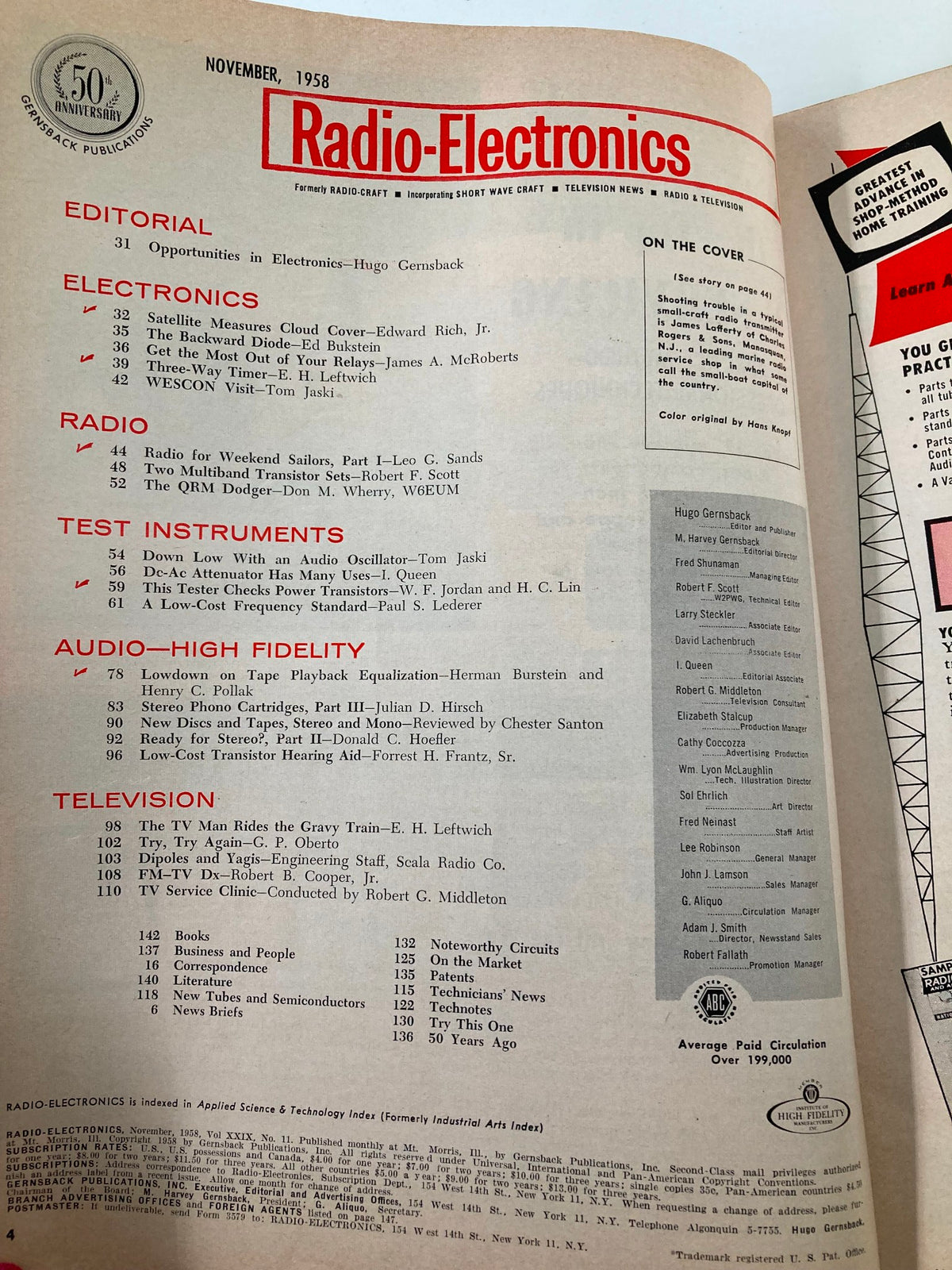 Interior page of VTG Radio-Electronics Magazine November 1958 displaying the editorial and article indices related to electronics and radio.