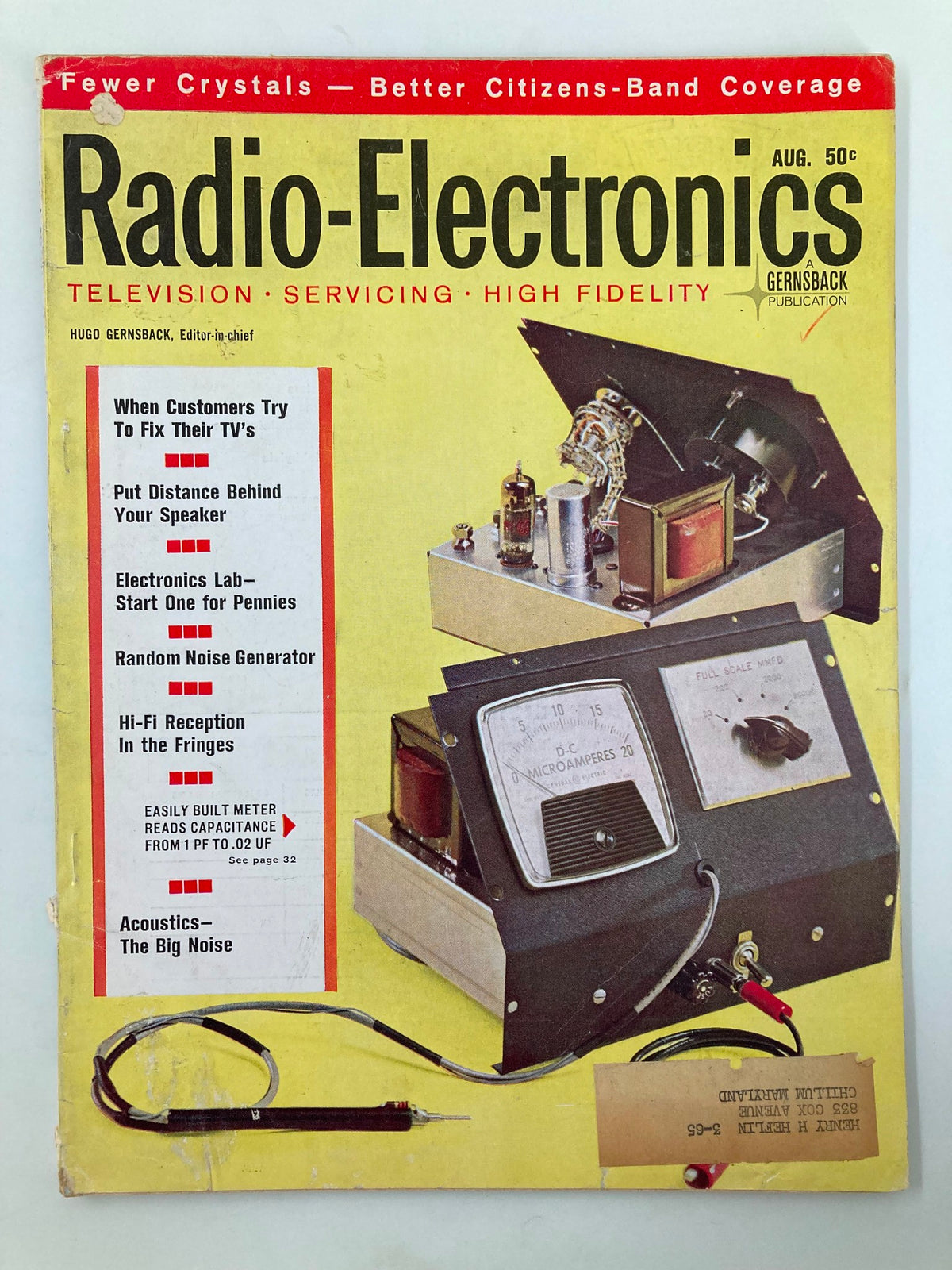 Cover of VTG Radio-Electronics Magazine from August 1963, showcasing vintage electronics, including a D.C. microamperes meter, with detailed articles on servicing and high fidelity technology.