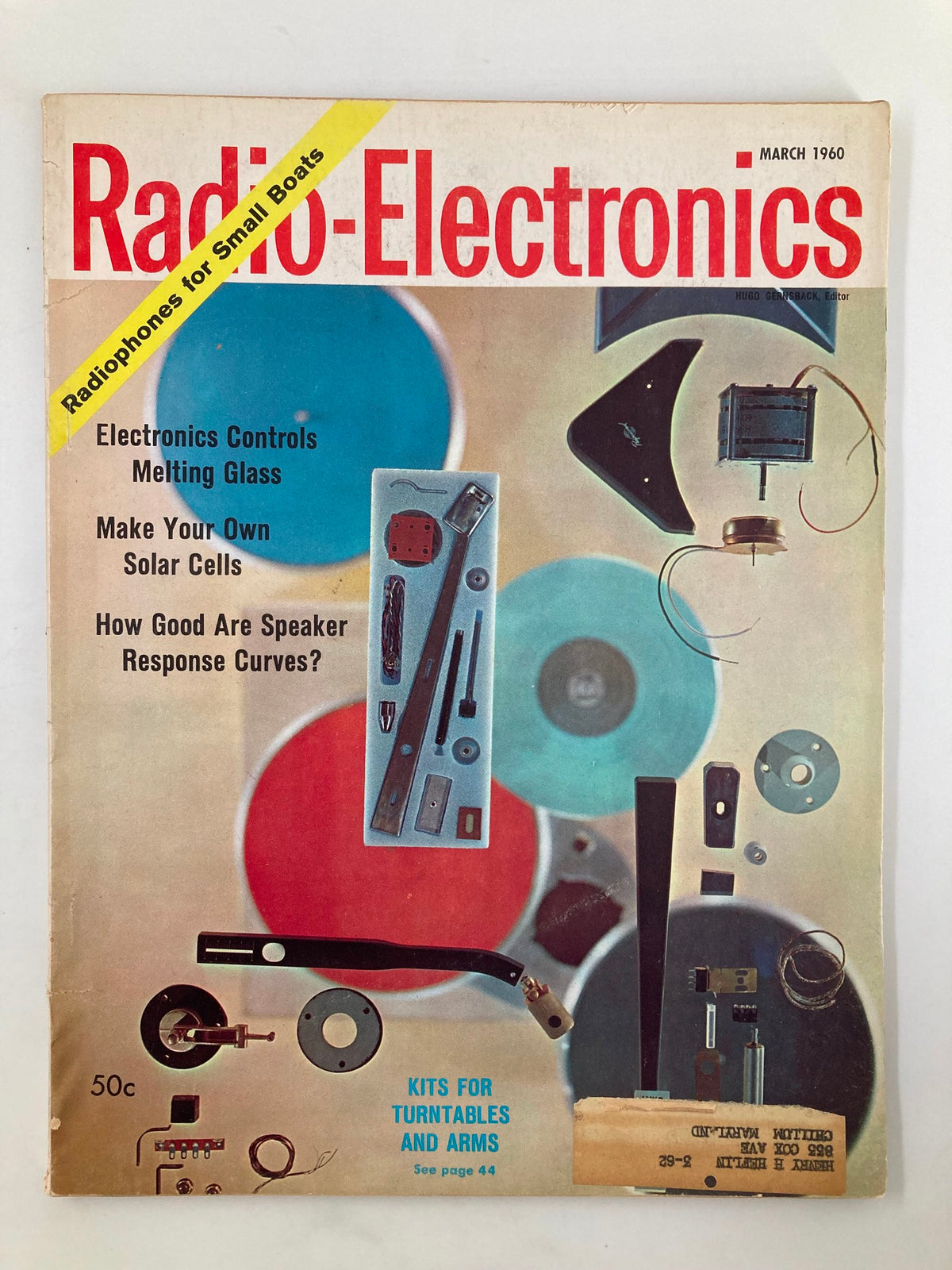 Cover of VTG Radio-Electronics Magazine March 1960 featuring kits for turntables and arms, with vibrant colors and articles on audio technology.