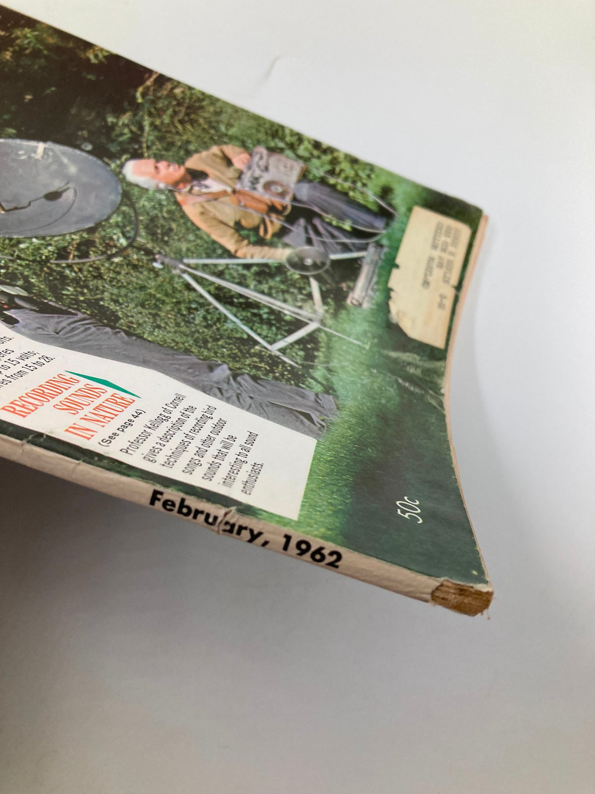 Spine view of VTG Radio-Electronics Magazine February 1962 with the date and theme of recording sounds in nature visible.