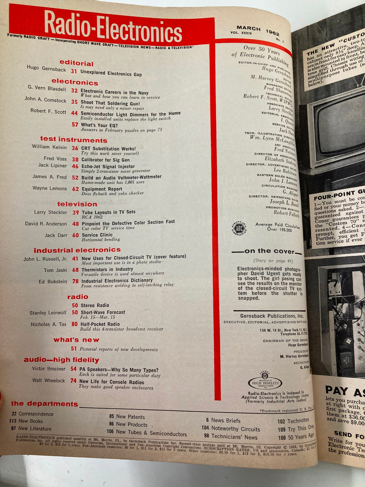 Interior page of VTG Radio-Electronics Magazine March 1962 featuring a detailed table of contents and articles, emphasizing advancements in electronics and Closed-Circuit TV technology.