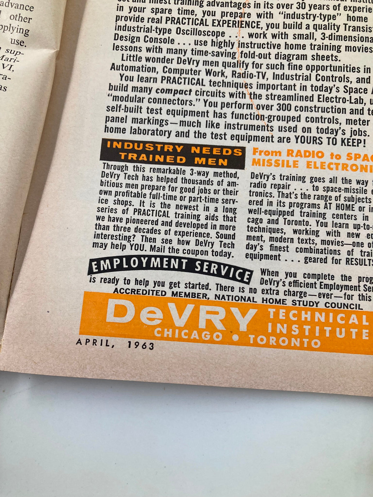 Interior page of the VTG Radio-Electronics Magazine April 1963 highlighting an advertisement for DeVry Technical Institute, emphasizing industry needs for trained electronics professionals.