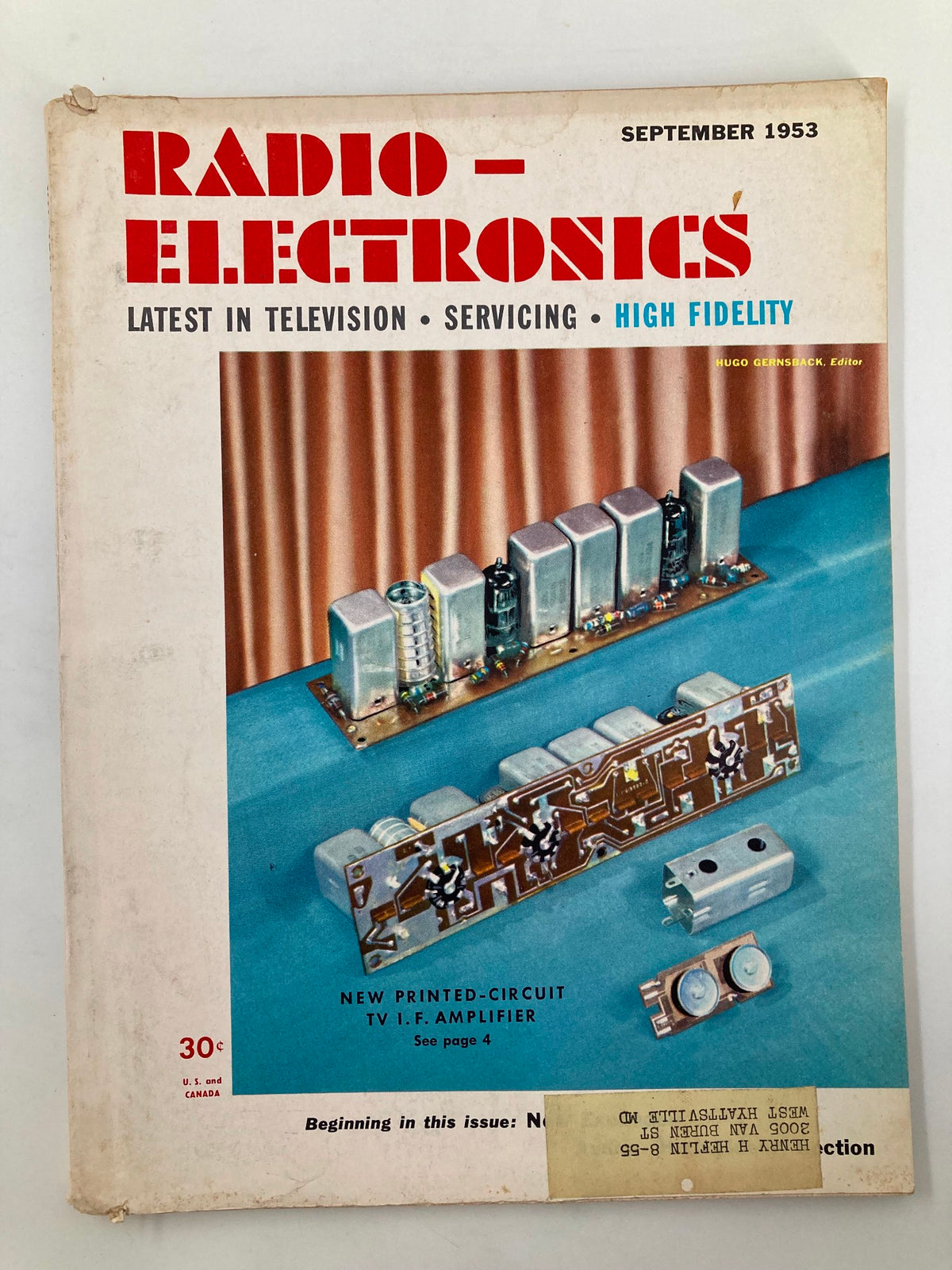 Cover of the VTG Radio-Electronics Magazine from September 1953 featuring an article on Printed-Circuit TV I.F. Amplifiers, showcasing vintage electronics and broadcasting technology.