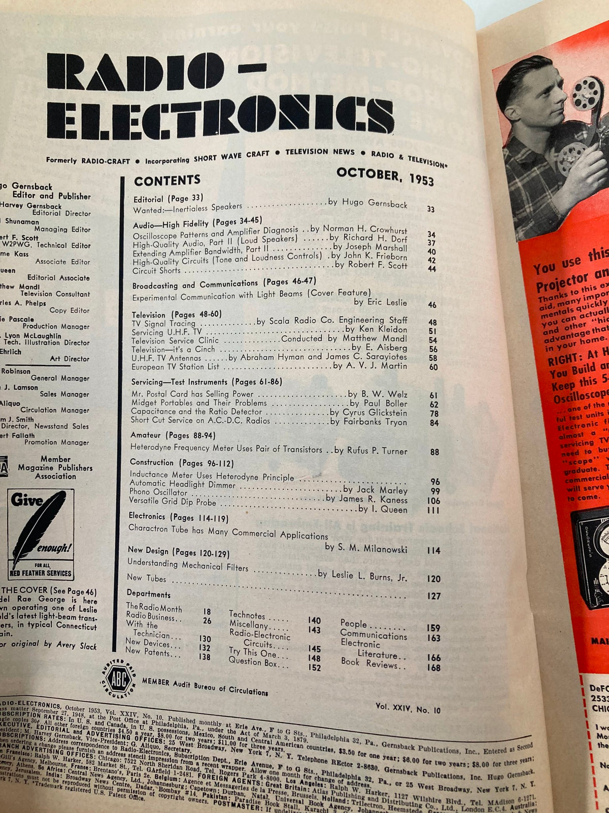 Contents page of VTG Radio-Electronics Magazine, October 1953, detailing various articles including Automatic Headlight Dimmer and showcasing the magazine's vintage editorial layout.