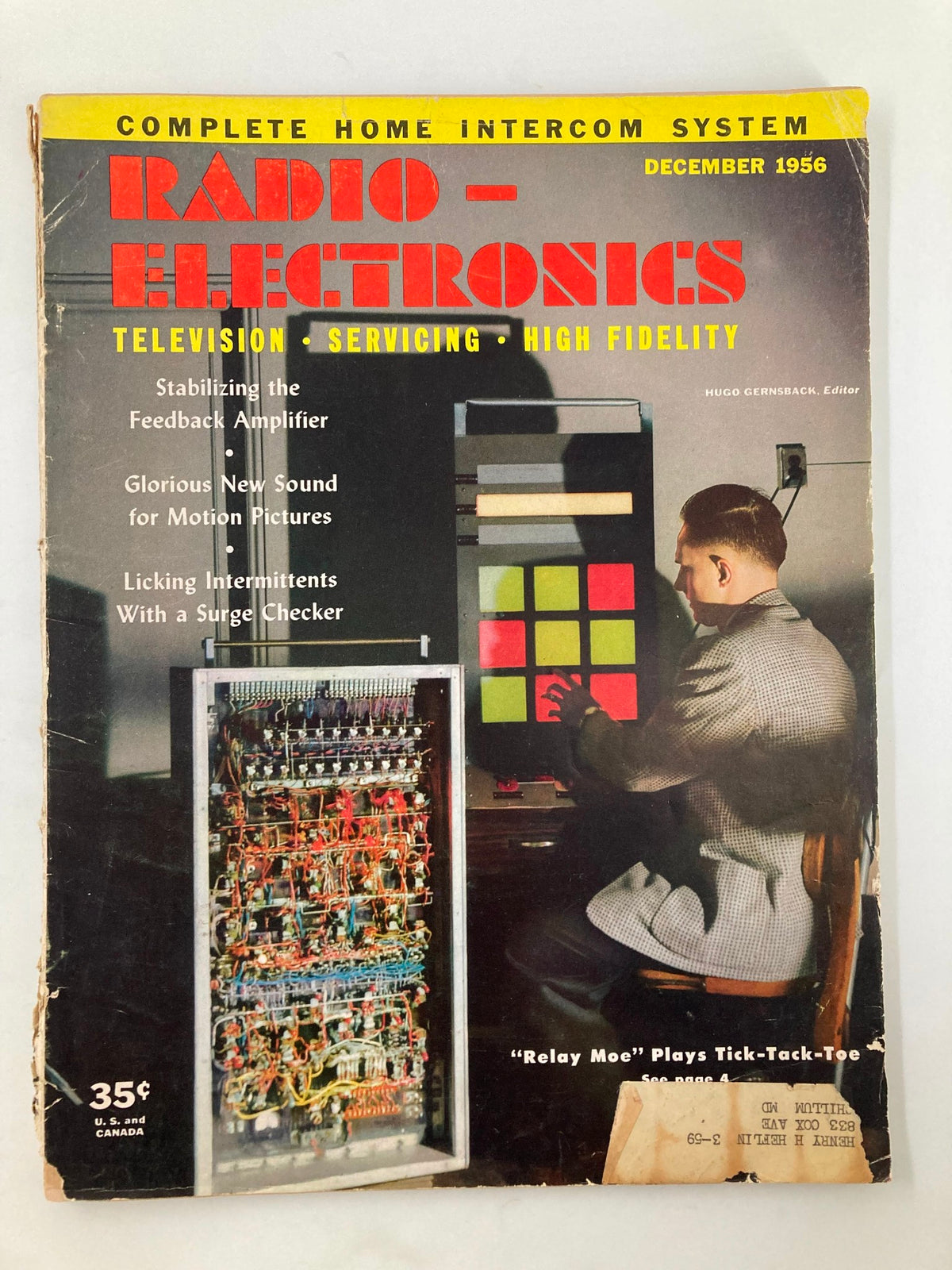 Cover of VTG Radio-Electronics Magazine December 1956 featuring the article 'Relay Moe' Plays Tick-Tack-Toe, showcasing a vintage intercom system and electronic circuits.
