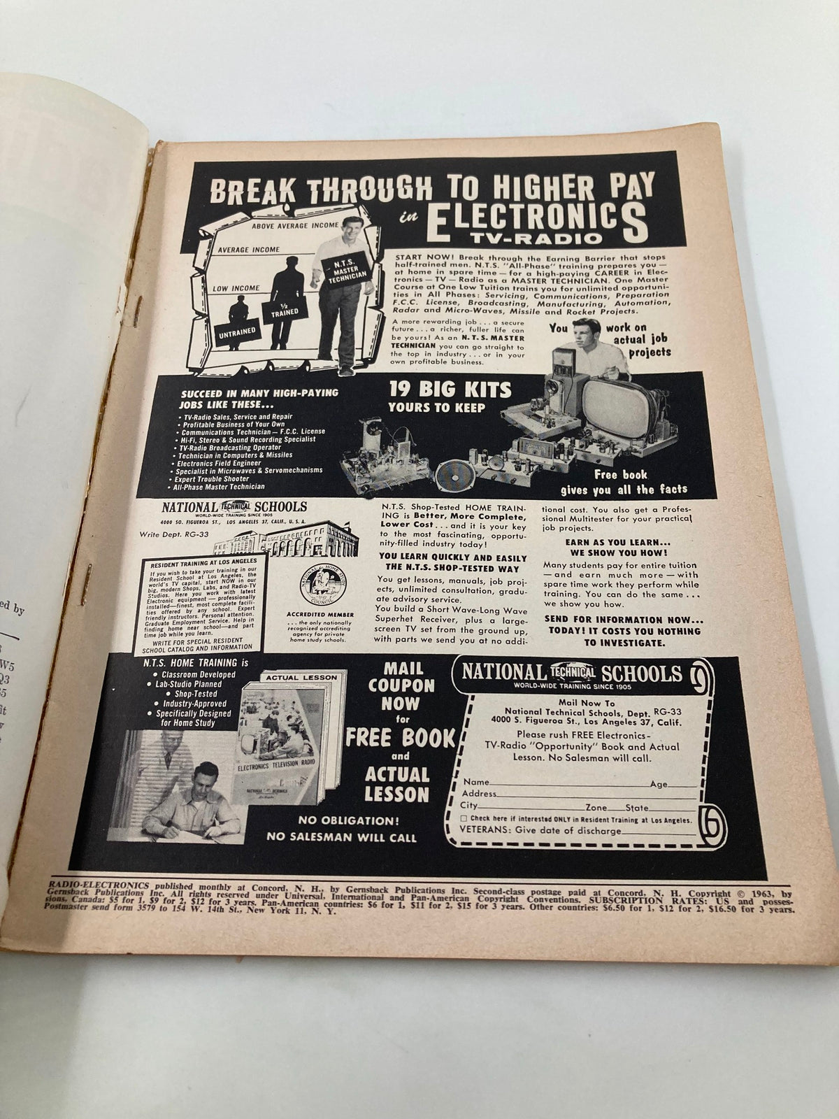 Inside page advertisement from the VTG Radio-Electronics Magazine March 1963, promoting electronics training with visuals of projects and information about the National Technical Schools.