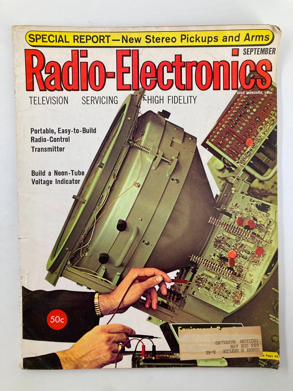 Cover of VTG Radio-Electronics Magazine September 1960 featuring the article on Swing-Back and Lock-In Chassis, showcasing vintage radio technology and design with distinctive red and yellow colors.