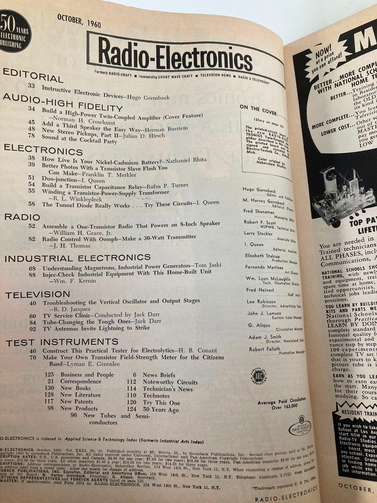 Interior page of VTG Radio-Electronics Magazine, October 1960, displaying the contents and articles related to audio and electronics.