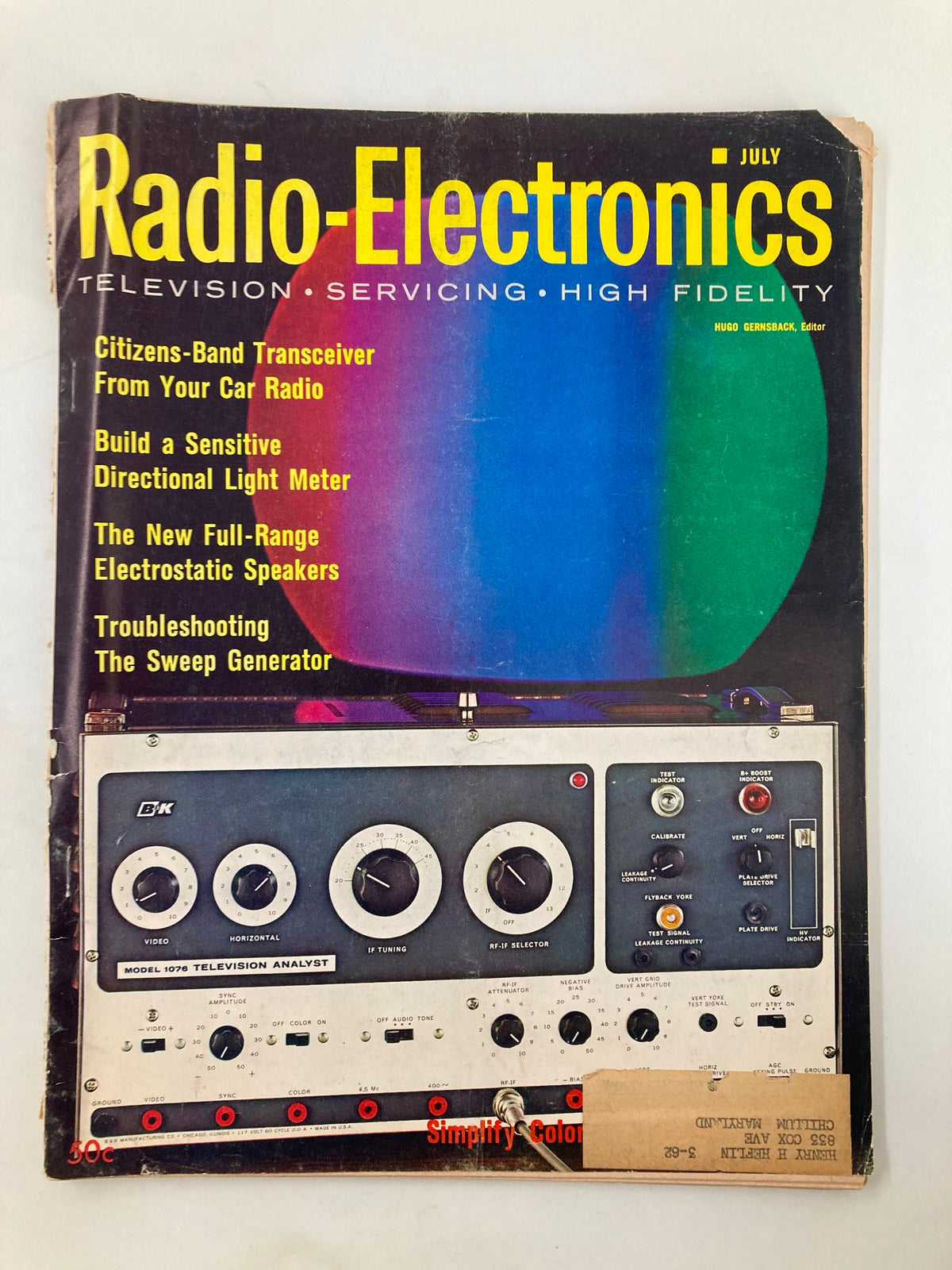 VTG Radio-Electronics Magazine July 1961 showcasing the Model 1076 Television Analyst on the cover, featuring topics like servicing and high fidelity electronics.