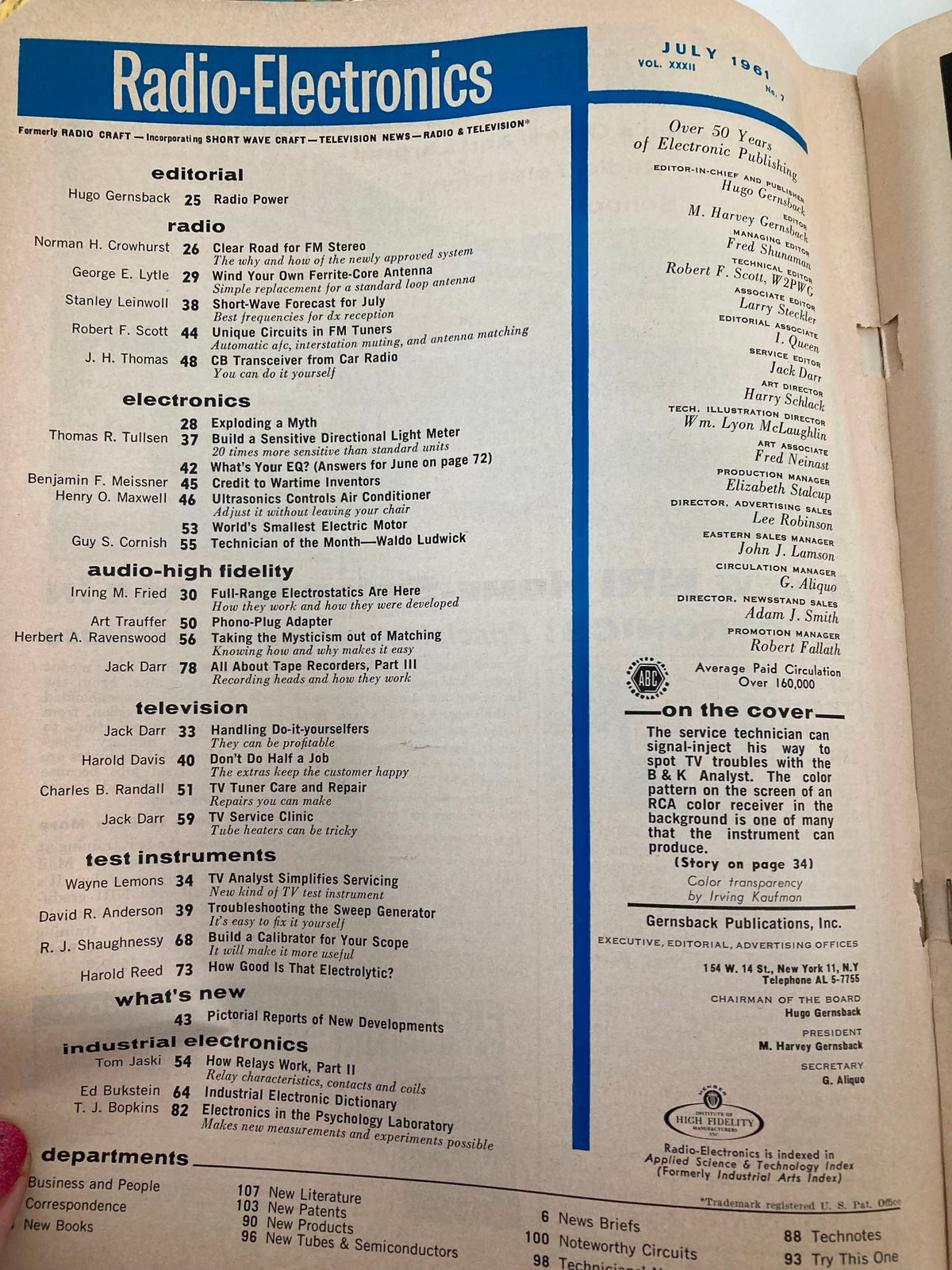 Editorial contents page of the VTG Radio-Electronics Magazine July 1961, featuring articles on radio, electronics, television, test instruments, and industrial electronics, highlighting the Model 1076 Television Analyst.