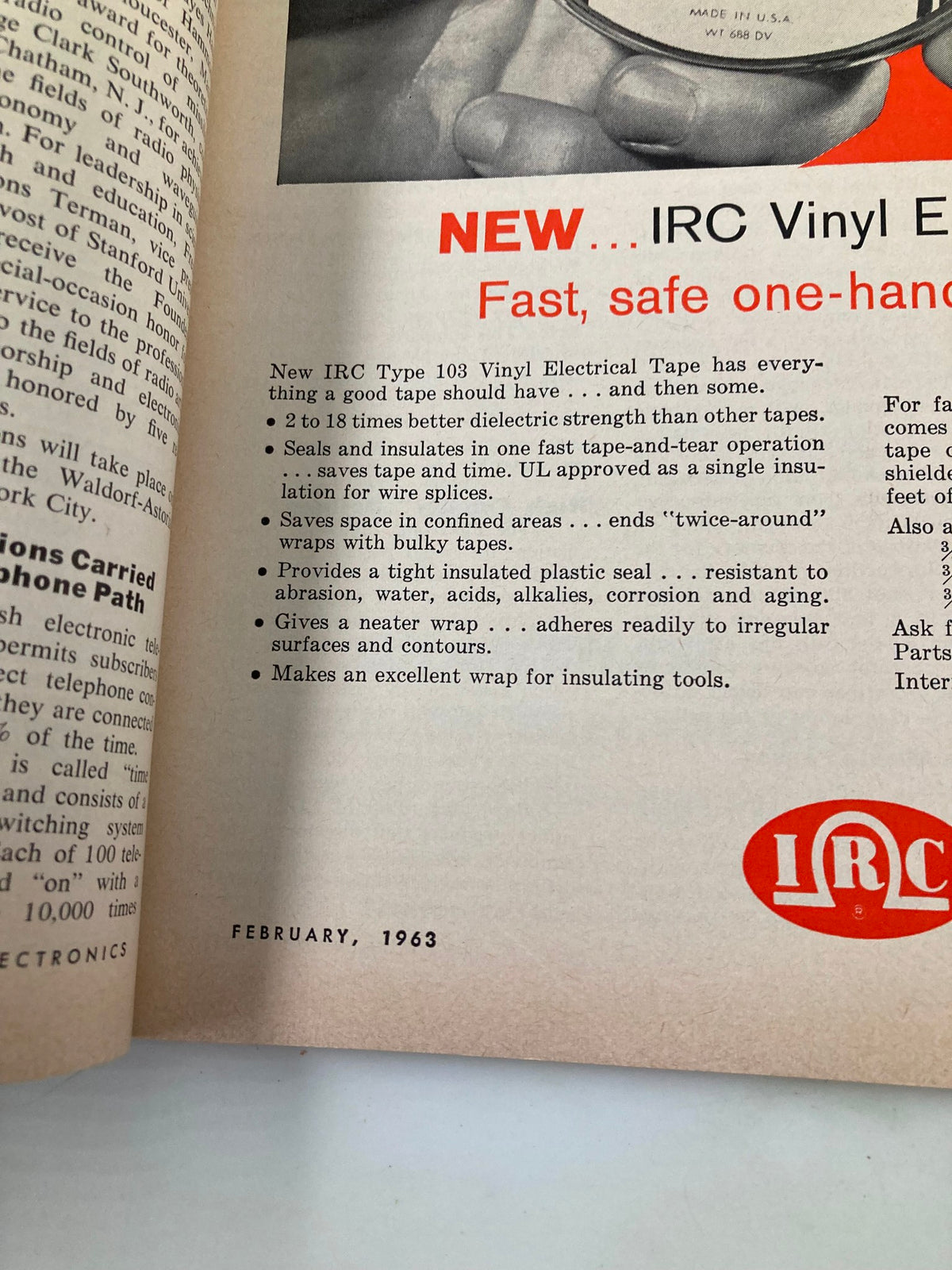 Page from VTG Radio-Electronics Magazine February 1963 showcasing the new IRC Type 103 Vinyl Electrical Tape, highlighting features such as dielectric strength, insulation properties, and applications for wire splicing.