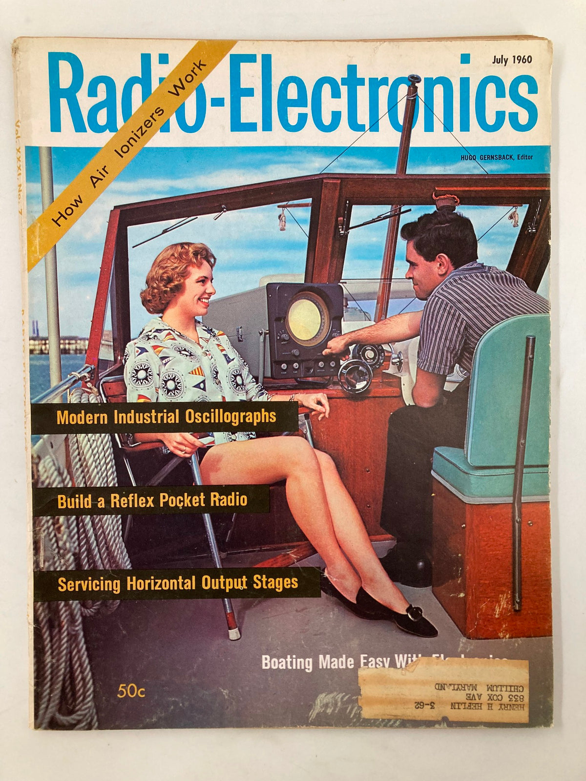 Cover of VTG Radio-Electronics Magazine July 1960 featuring small-boat radio and electronic equipment, showcasing a man and a woman on a boat with vintage communication devices.